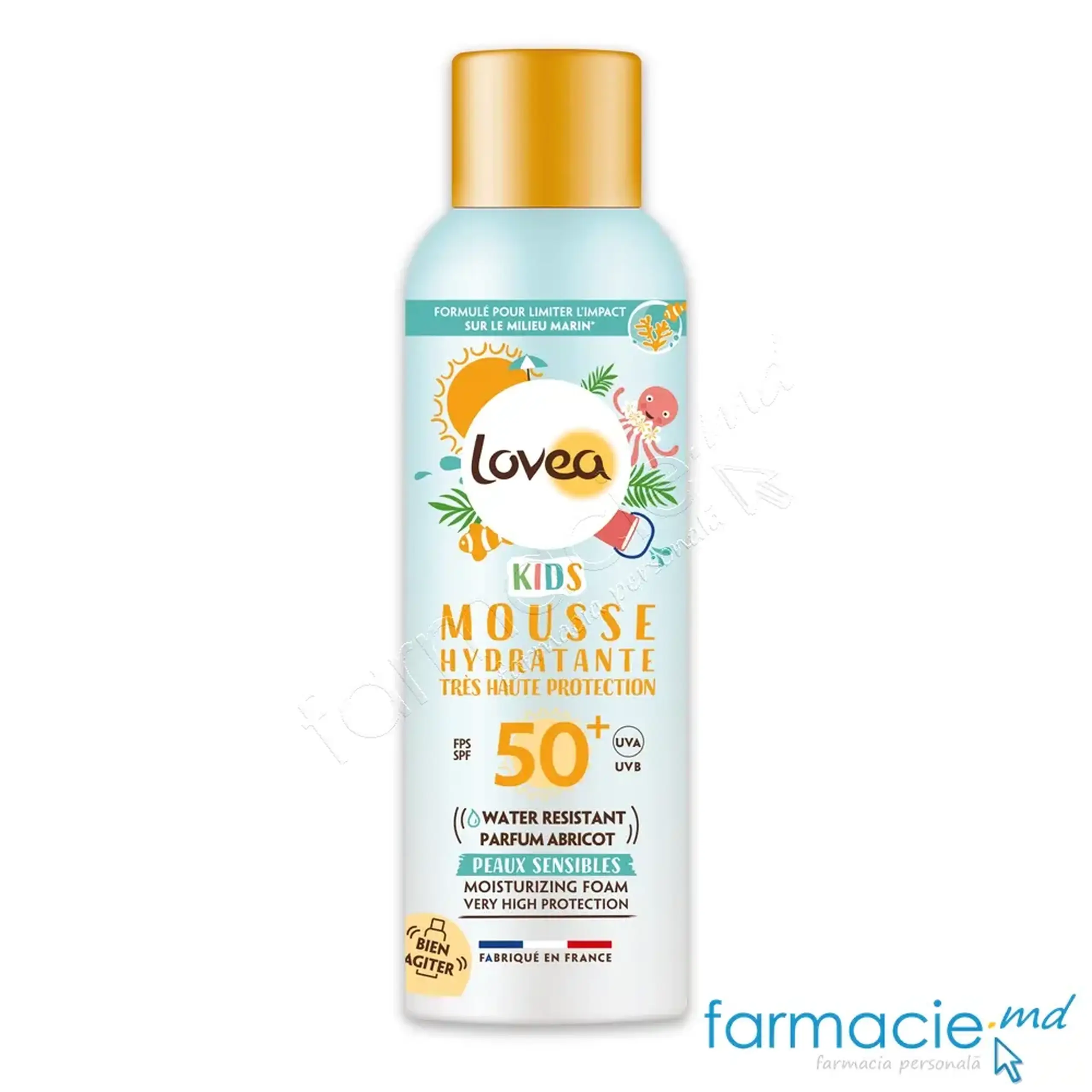 Lovea Vegan Spuma protectie solara copii SPF50 cu caise 150ml