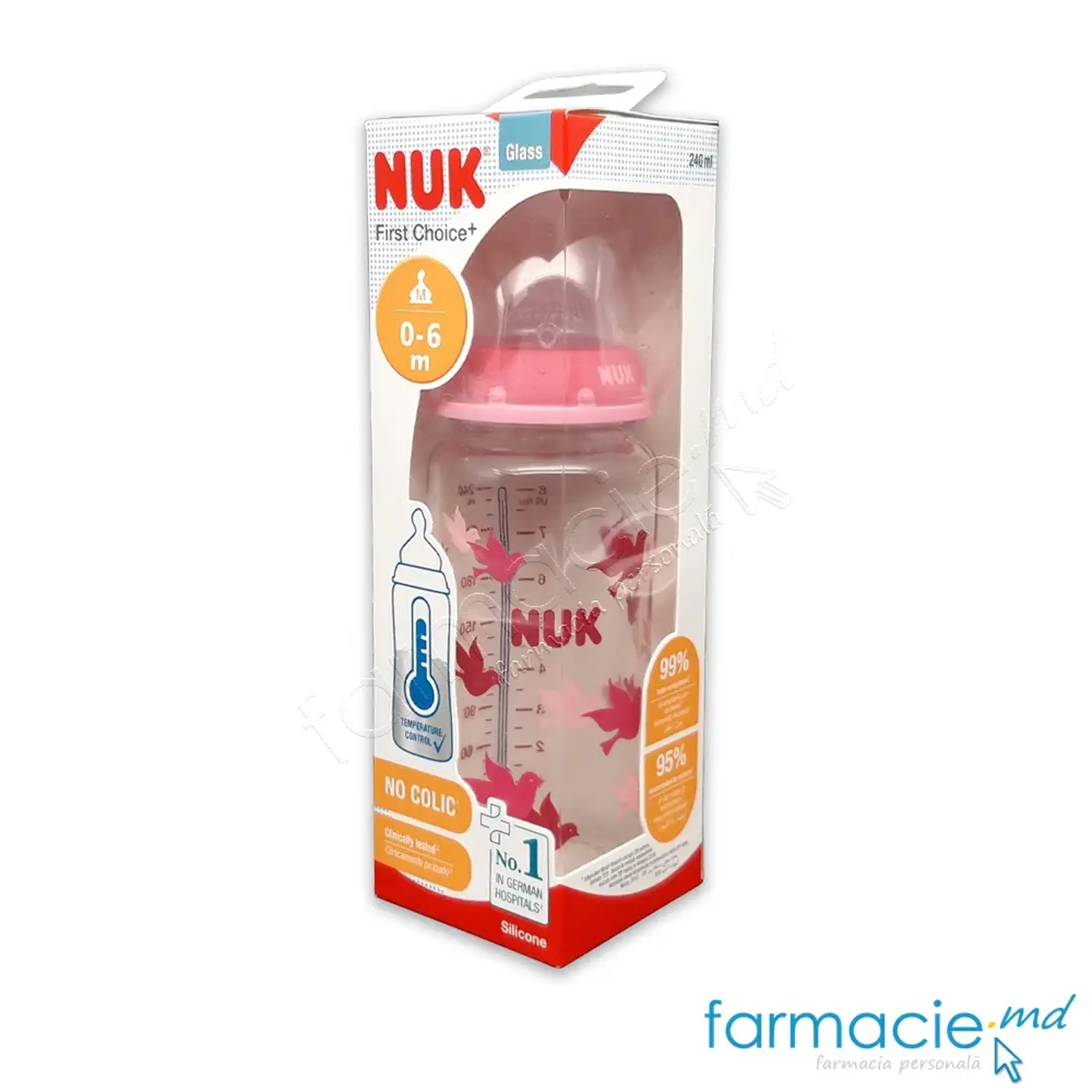 NUK Sticluta First Choice Temp sticla 240ml+tetina silicon 3 luni + (M)