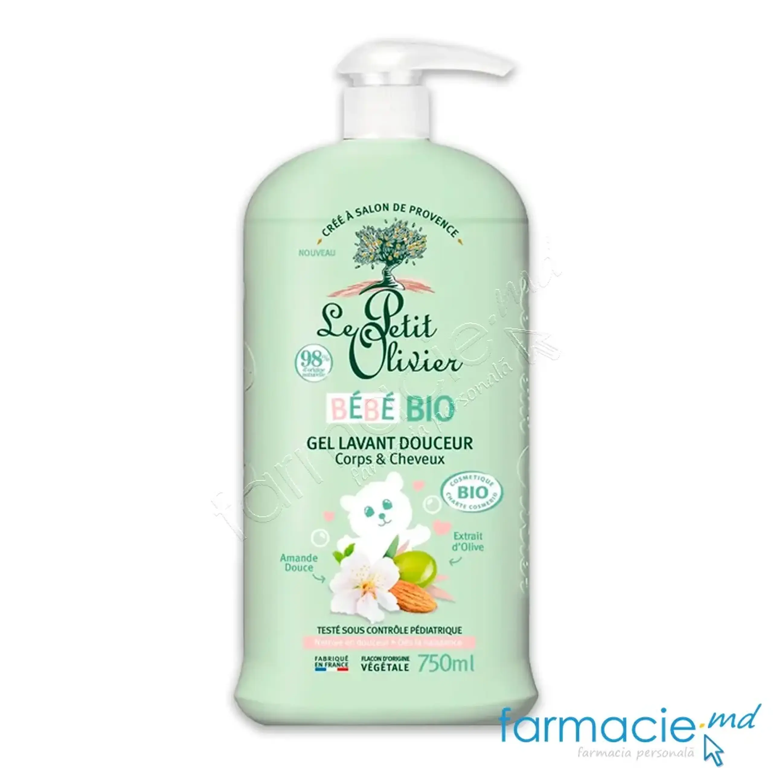 Le Petit Olivier BEBE BIO Gel corp si par, extract de migdale si olive 750ml