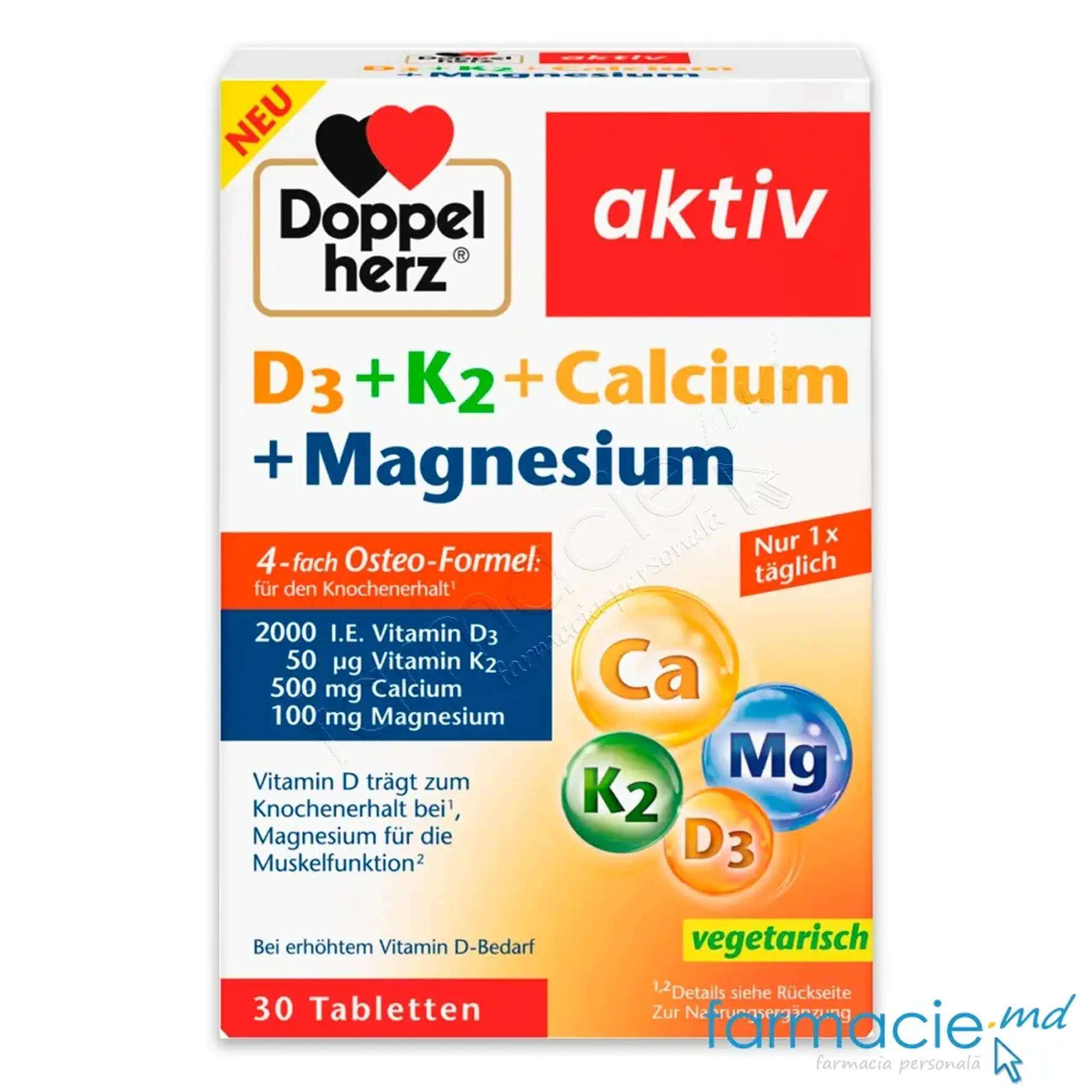 Vitamina D3+K2(2000 UI+50μg)+Calciu 500mg+Magneziu 100mg comp. N30 Doppelherz