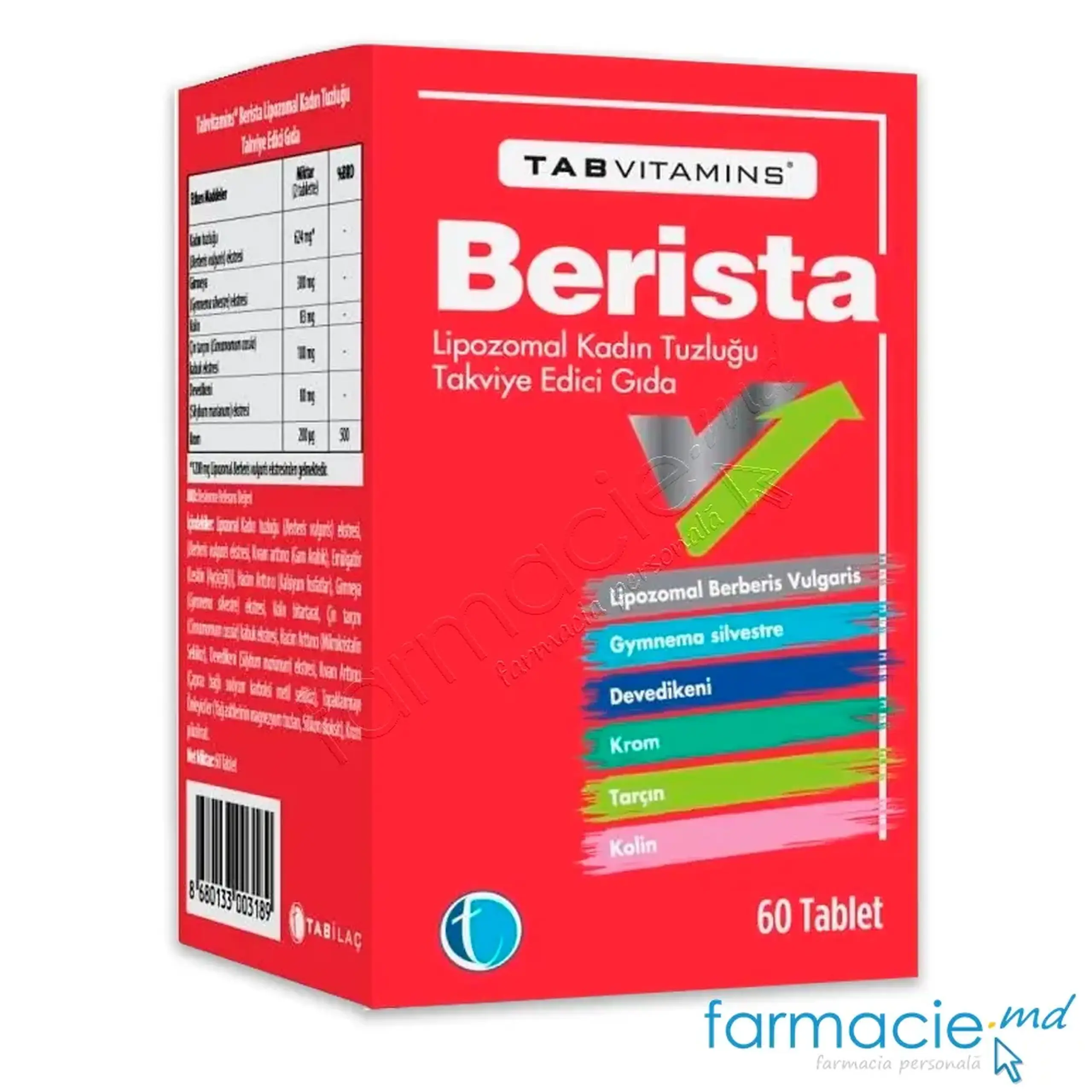 BERISTA Berberina lipozomala 624mg+Chrom 200µg (diabet/insulinorezist.) comp.N60 Tab Ilac