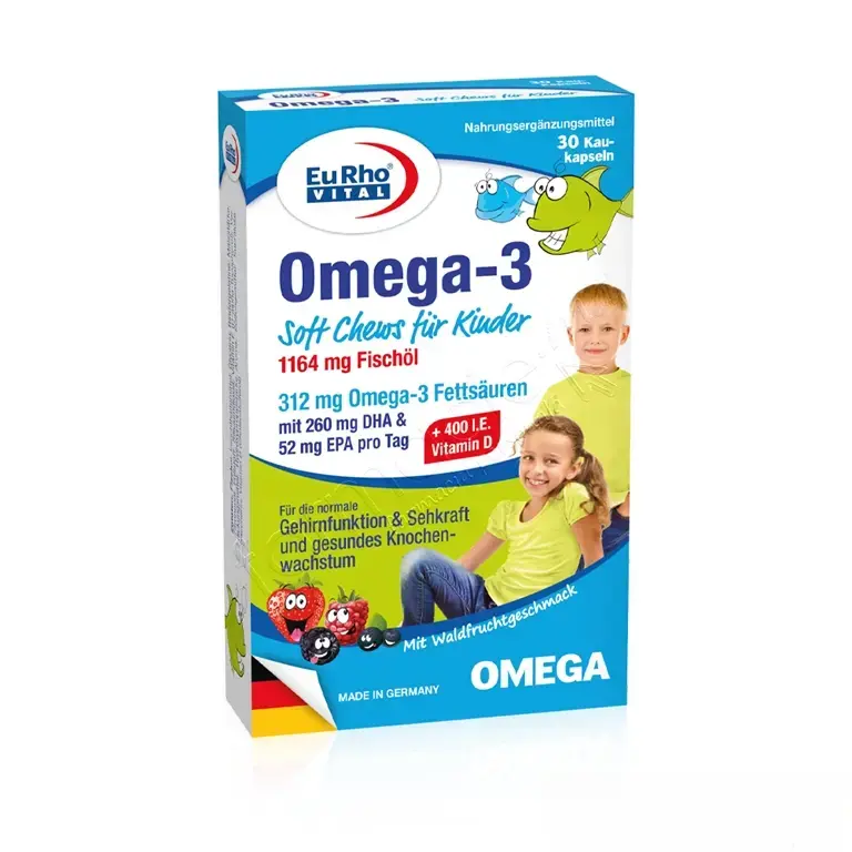 Omega 3 Kids 312mg+Vit.D+E caps.masticab. N30 (4 ani+, 2/zi) EuRho Vital