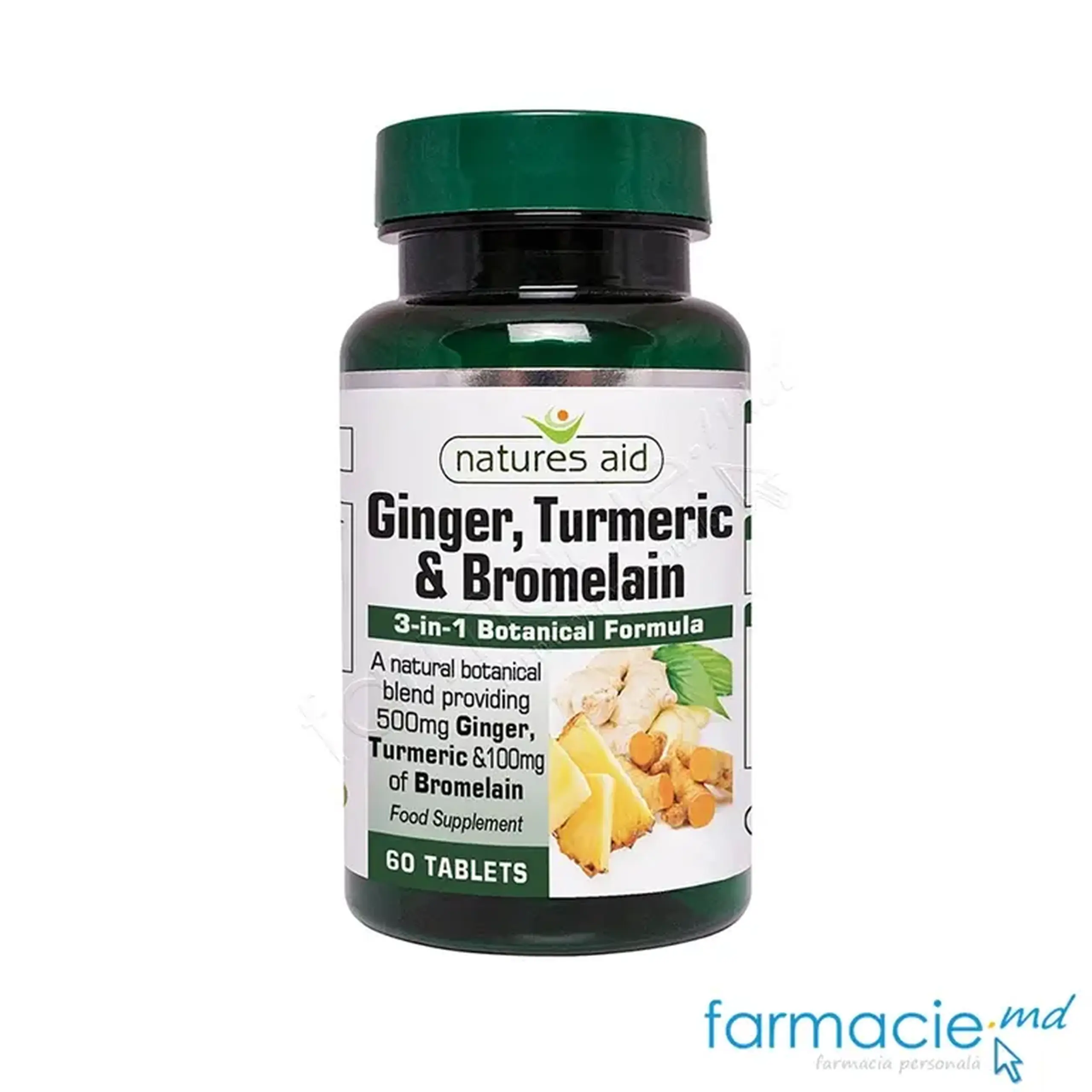 Ghimbir, Turmeric & Bromelain (antiinflamator, digestie) comp.N60 Natures Aid