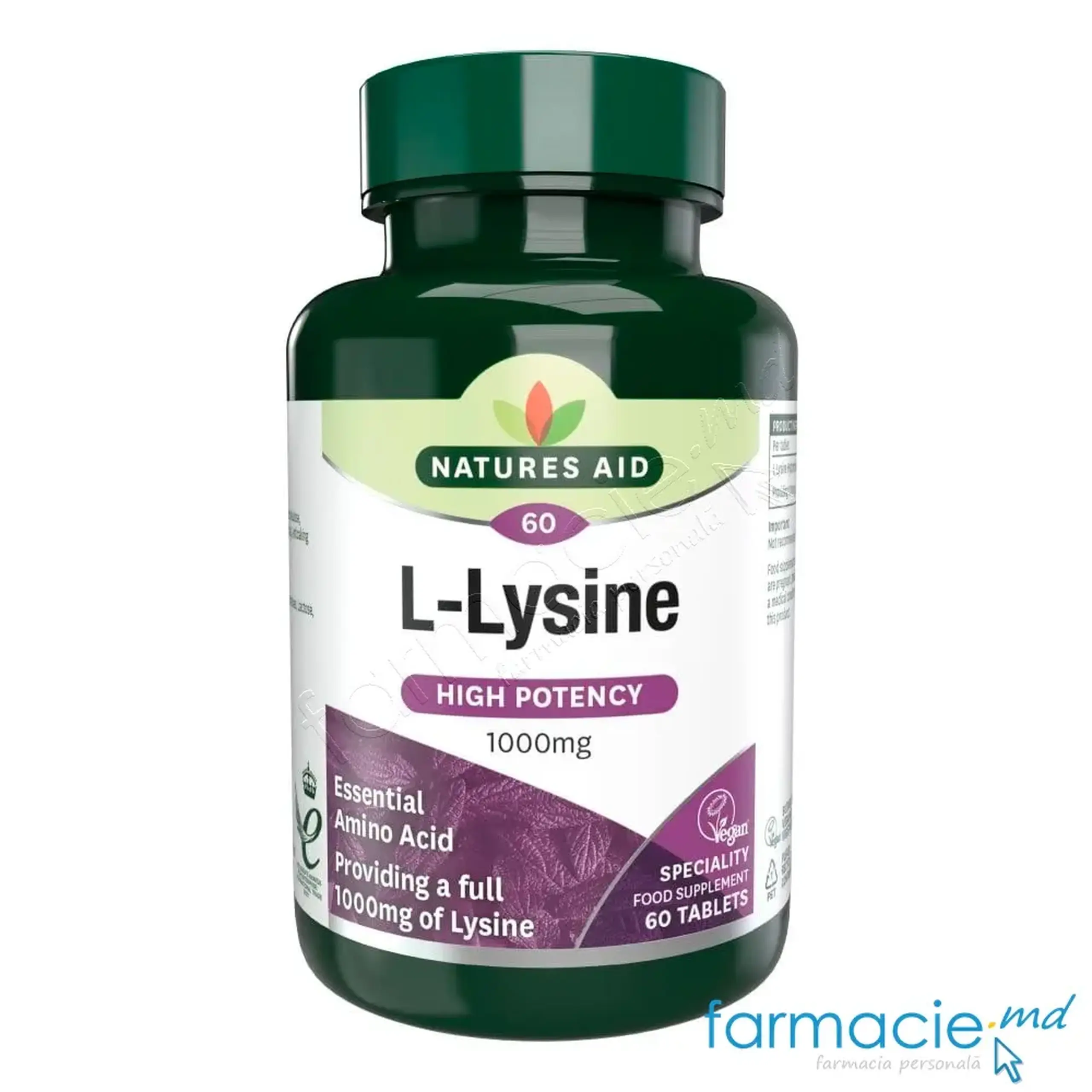 L-Lysine 1000mg (herpes, imunitate, oase, muschi) comp. N60 Natures Aid