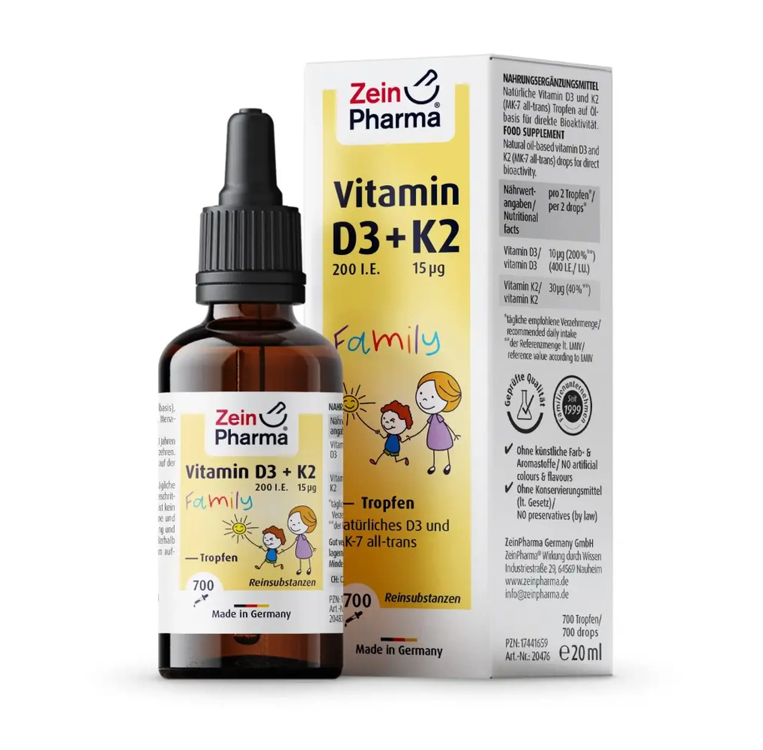 Vitamina D3+K2 (200 UI+15μg) Family 1+ picaturi 20ml ZeinPharma