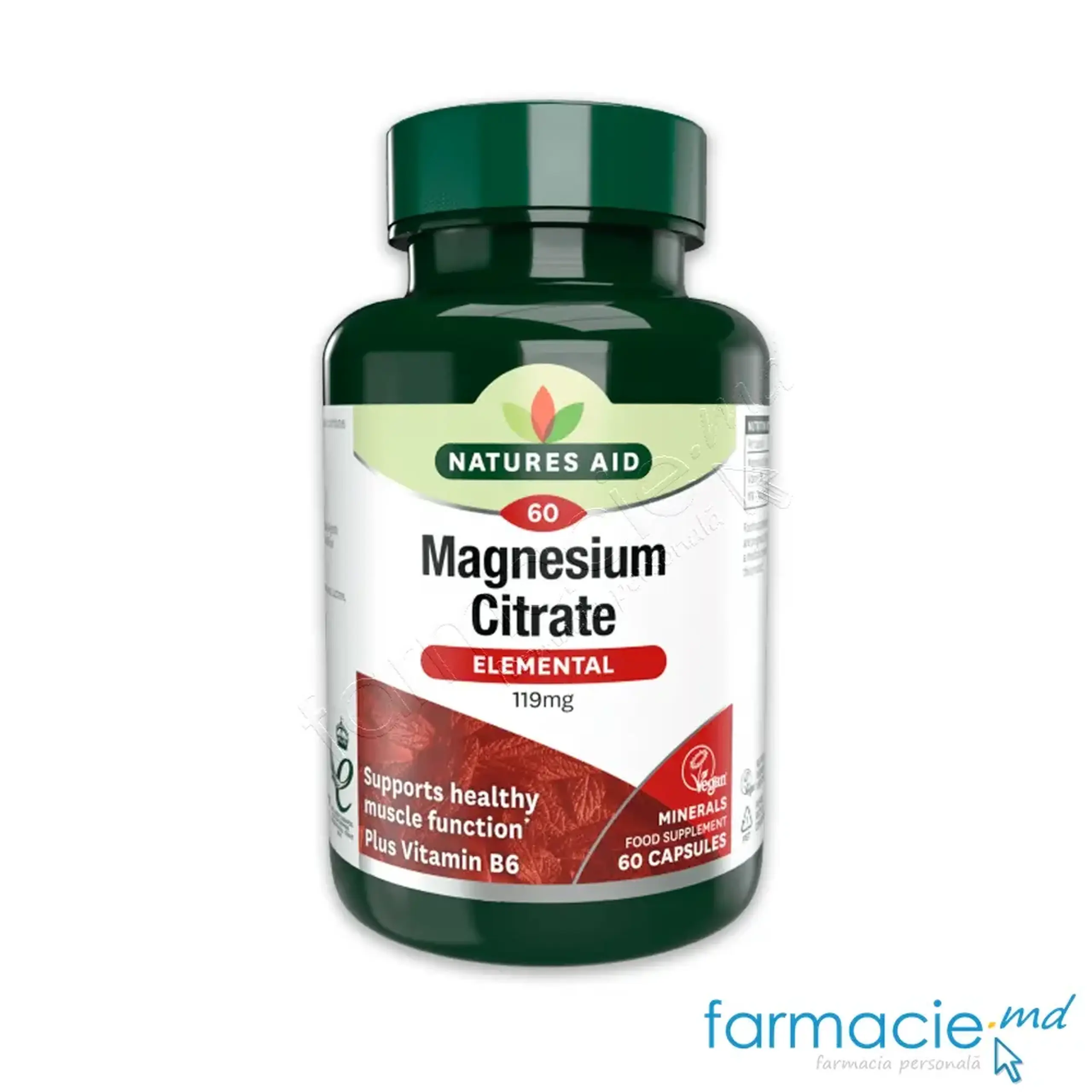 Magneziu Citrat 119mg+Vit B6 5mg VEGAN caps. N60 Natures Aid