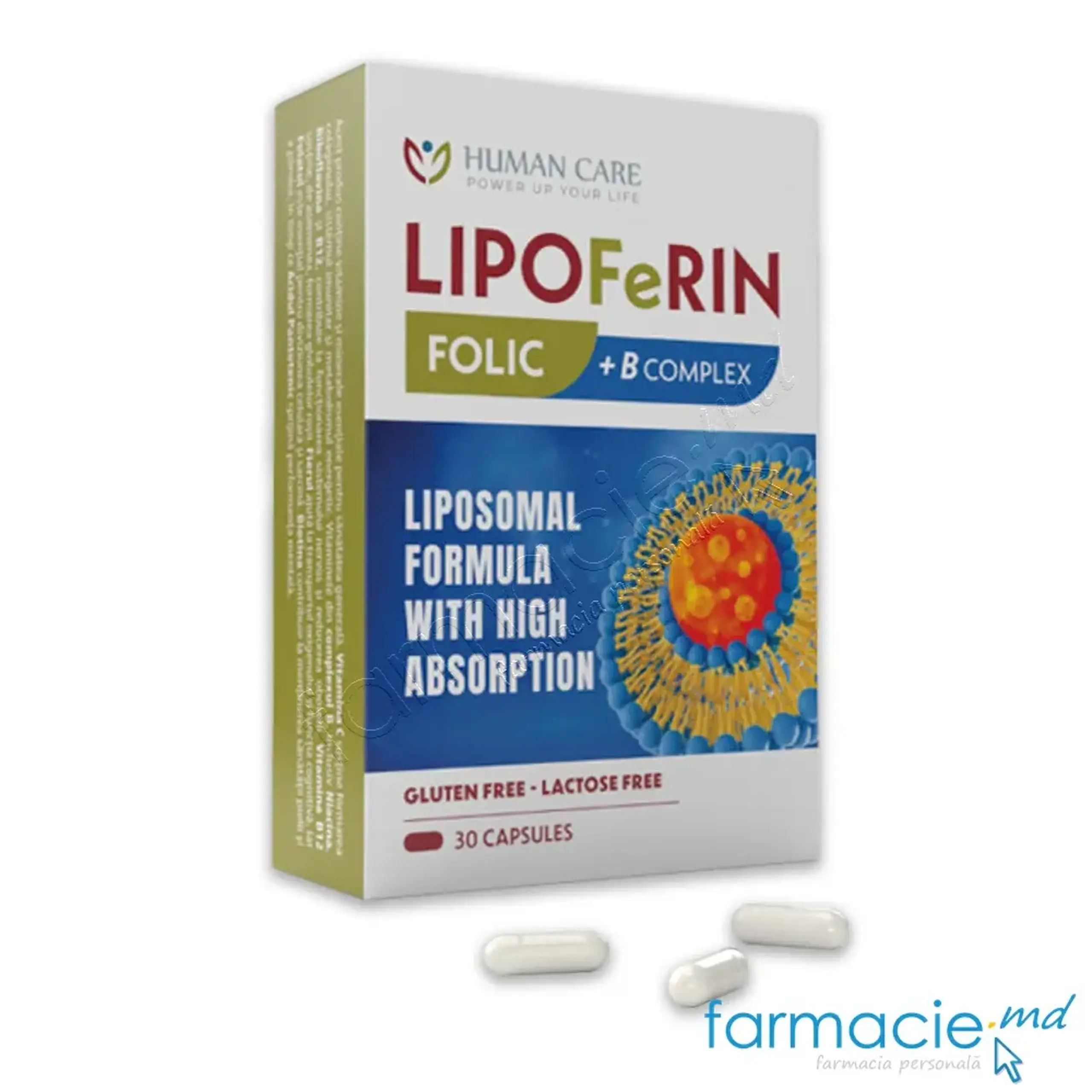 LIPOFERIN Folic Fier lipozomal 14mg+Acid folic+B complex caps. N30 Human Care