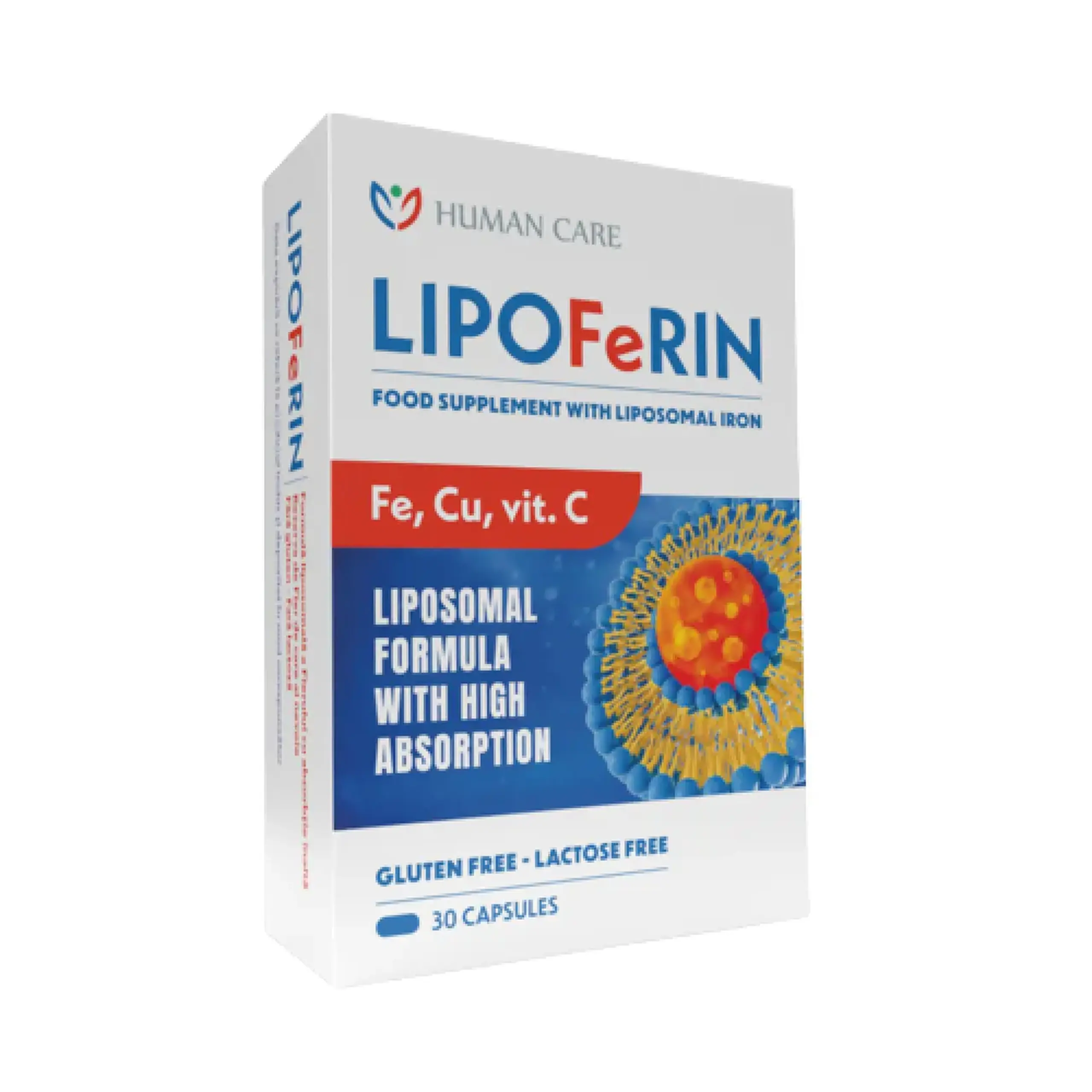 LIPOFERIN Fier lipozomal 14mg,Vit.C,B2,Cu caps. N30 Human Care
