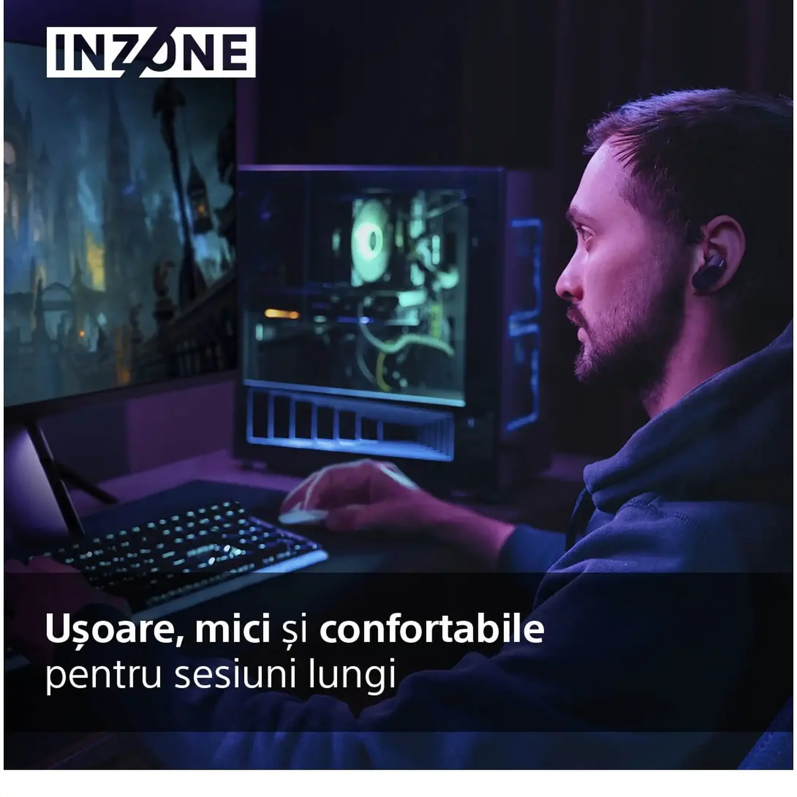 Casti Gaming True Wireless SONY INZONE WF-G700NB, Active Noise cancelling, Wireless, LE Audio, 360 Spatial sound, Autonomie baterie 24 ore, Microfon cu AI, pentru PC/PlayStation5, Negru