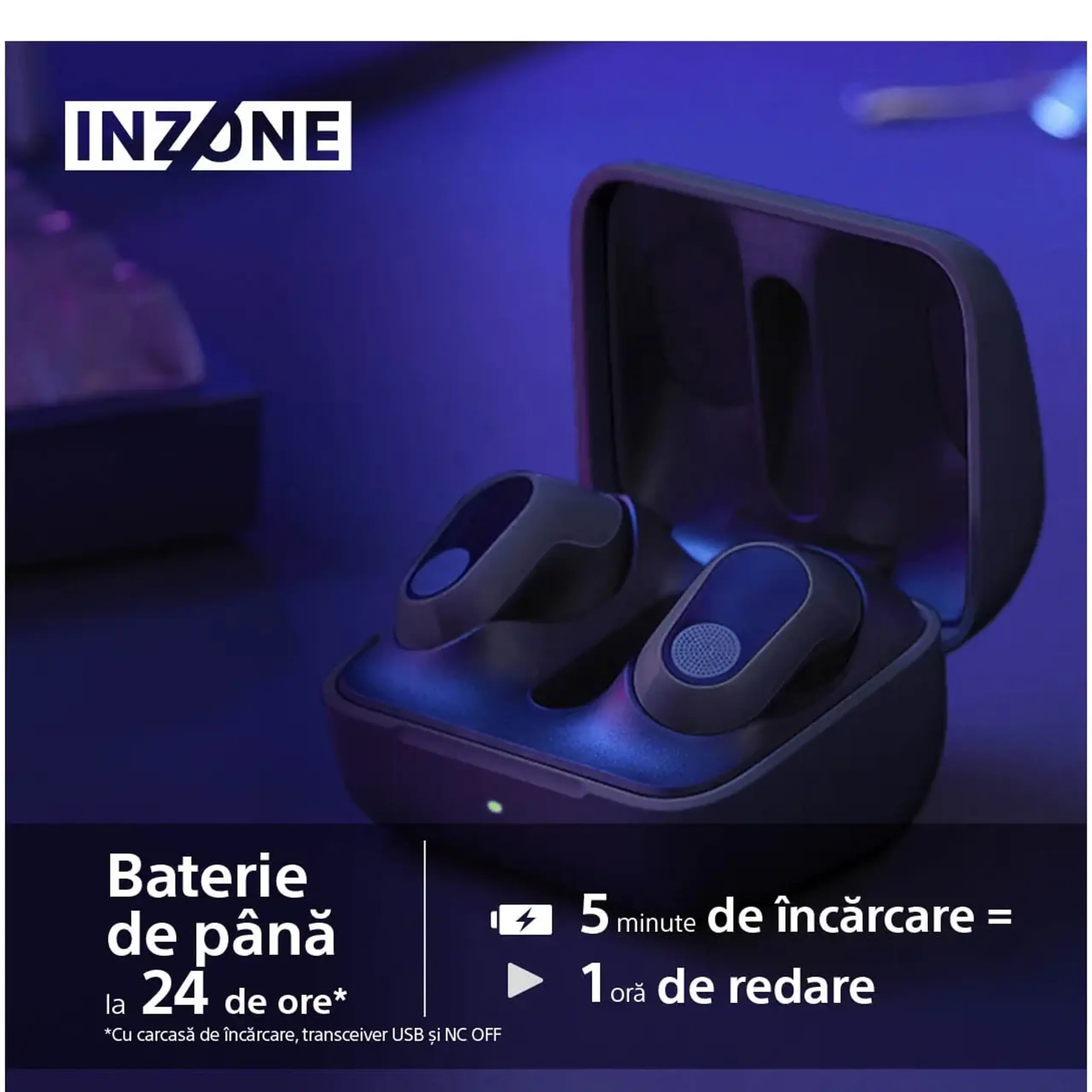 Casti Gaming True Wireless SONY INZONE WF-G700NB, Active Noise cancelling, Wireless, LE Audio, 360 Spatial sound, Autonomie baterie 24 ore, Microfon cu AI, pentru PC/PlayStation5, Negru