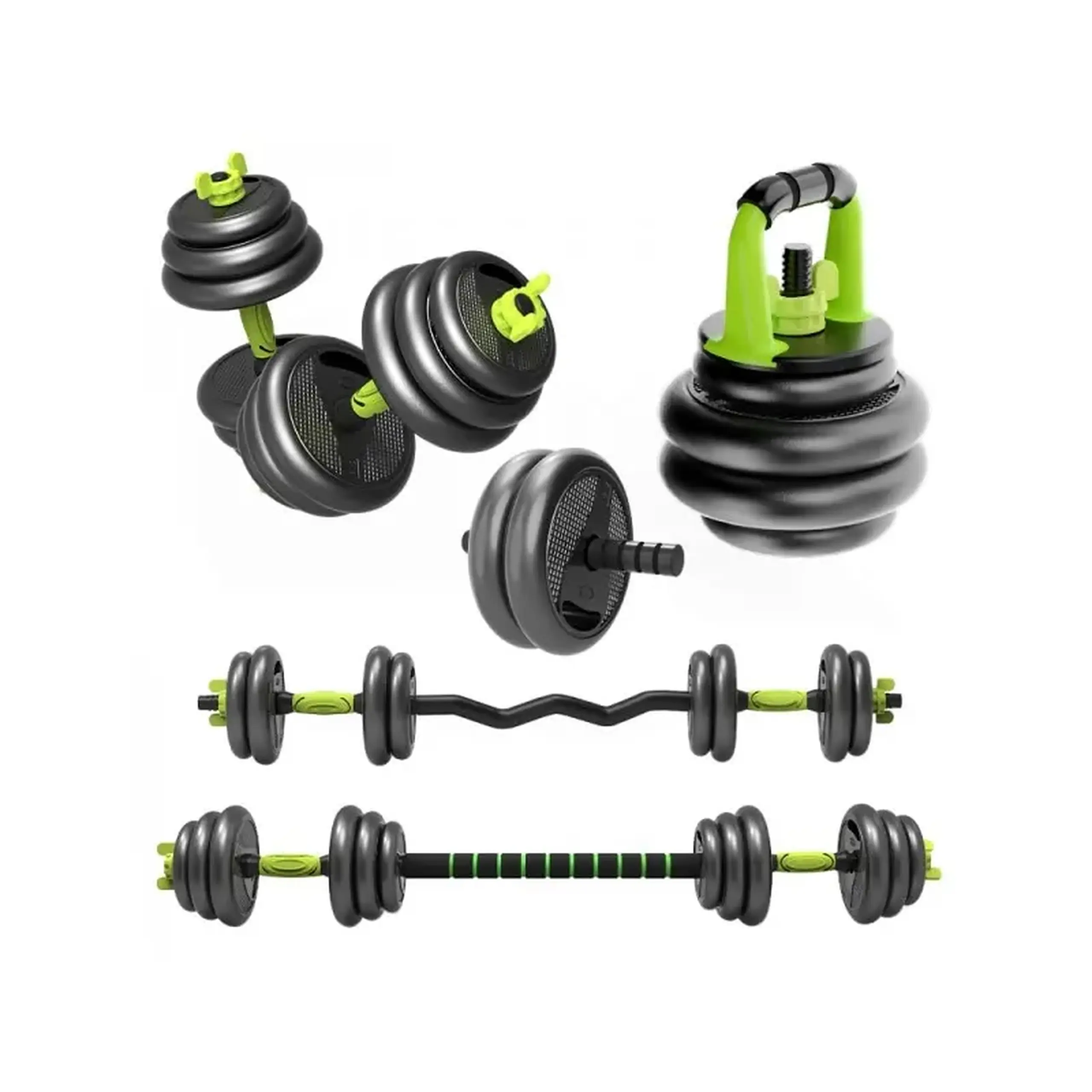 Set Gantere reglabile kettlebell FitTronic 5 in 1 de 20 kg ZK20, cu bara curbata Z, bara dreapta, roata de abdomen si o multitudine de combinatii posibile