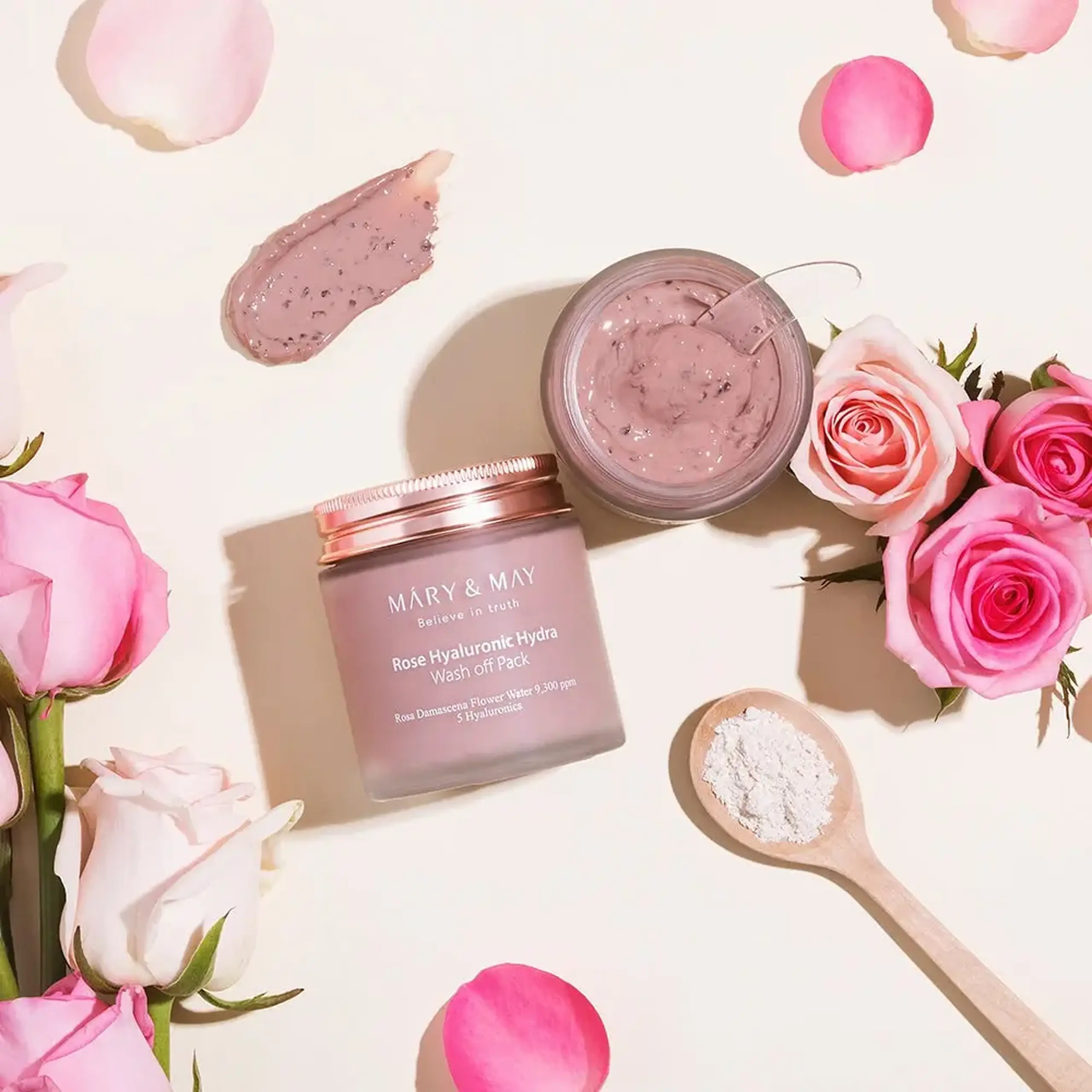 Mască de argilă cu trandafir și cinci tipuri de acid hialuronic Mary &amp; May Rose Hyaluronic Hydra Wash Off Pack 125g