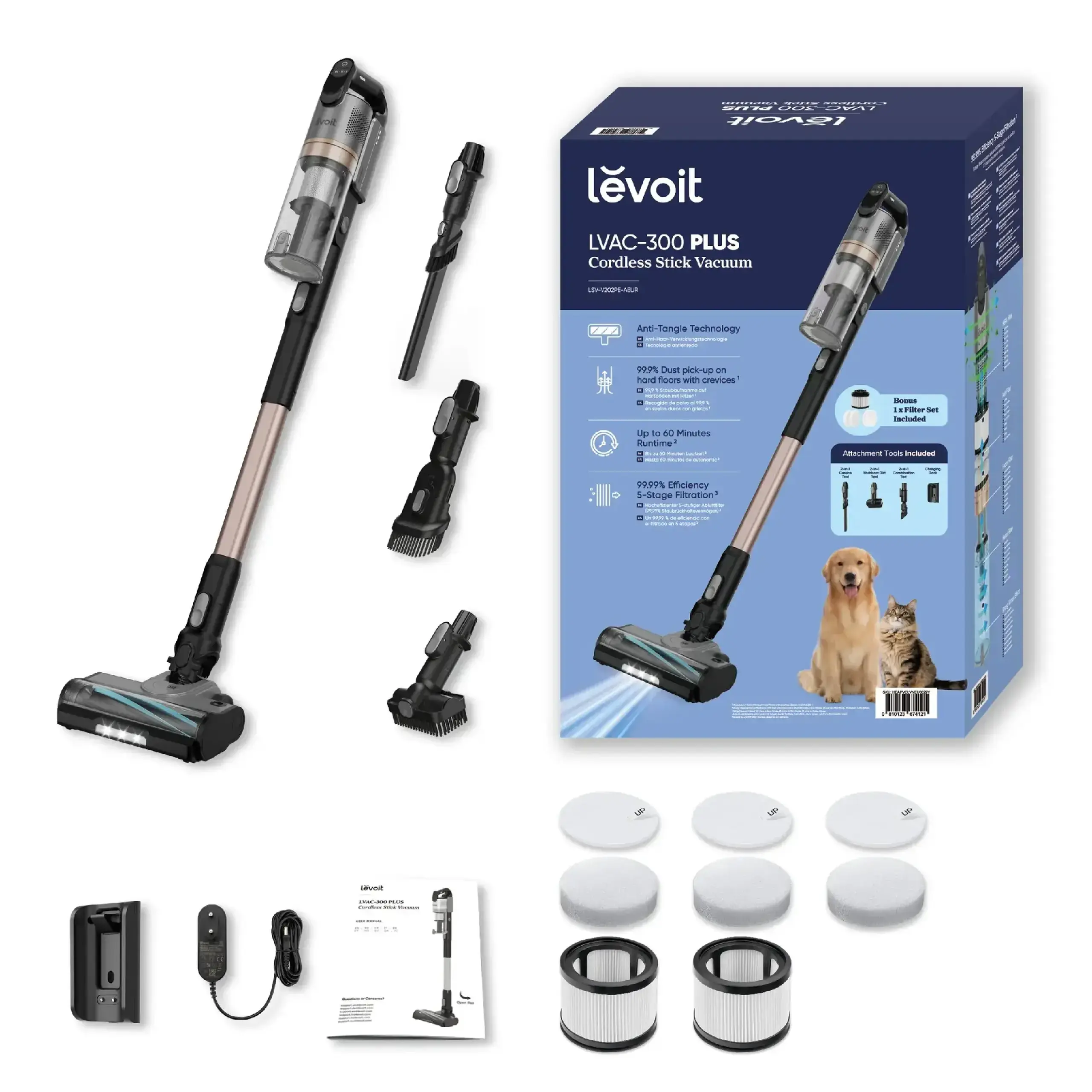 Aspirator vertical Levoit LVAC300, Autonomie 60 min, Recipient praf 750 ml, fara fir, Negru/Argintiu