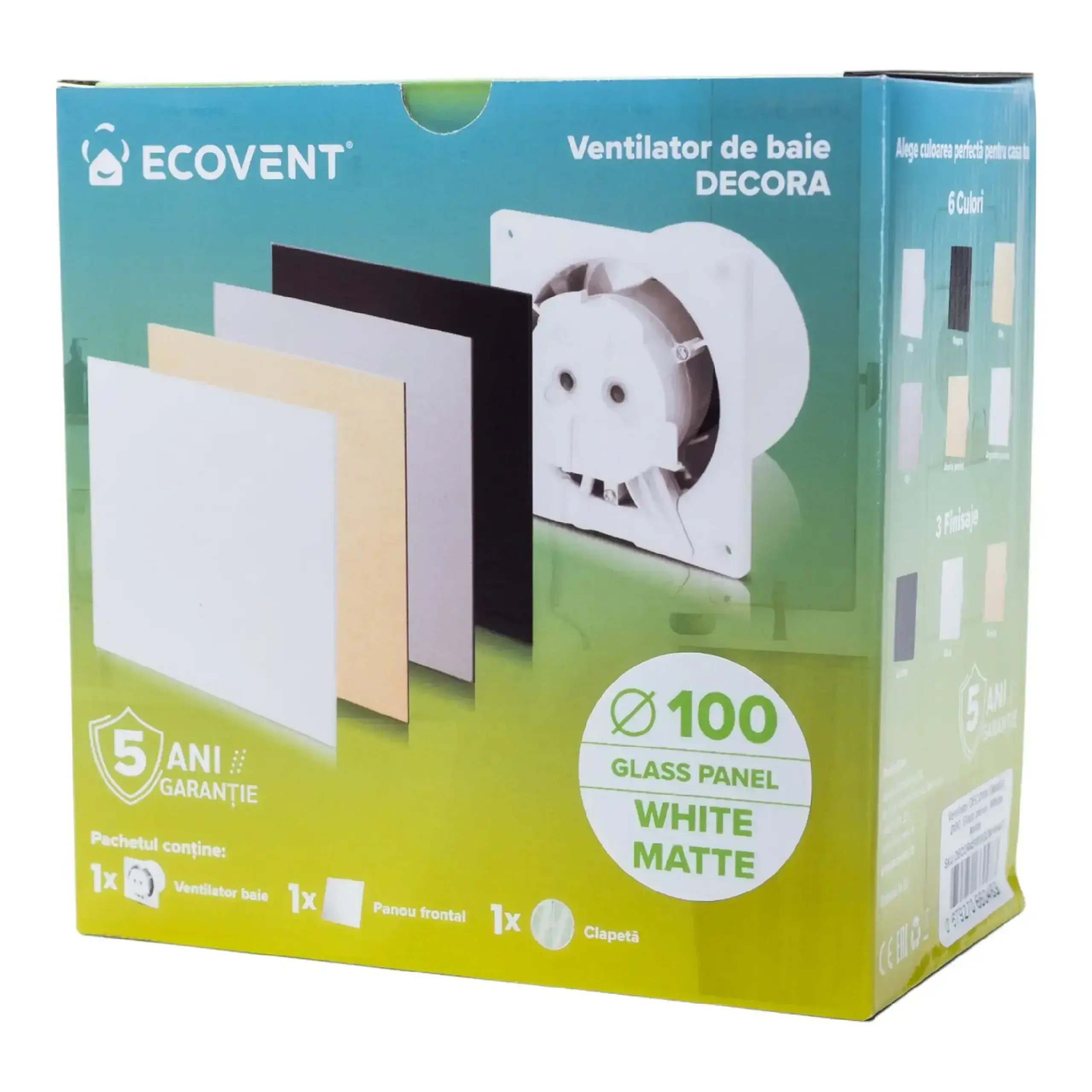 Ventilator de baie Ecovent DECORA SMART, Ø100, Debit 93 m³/h, Senzor Umiditate, Alb Mat