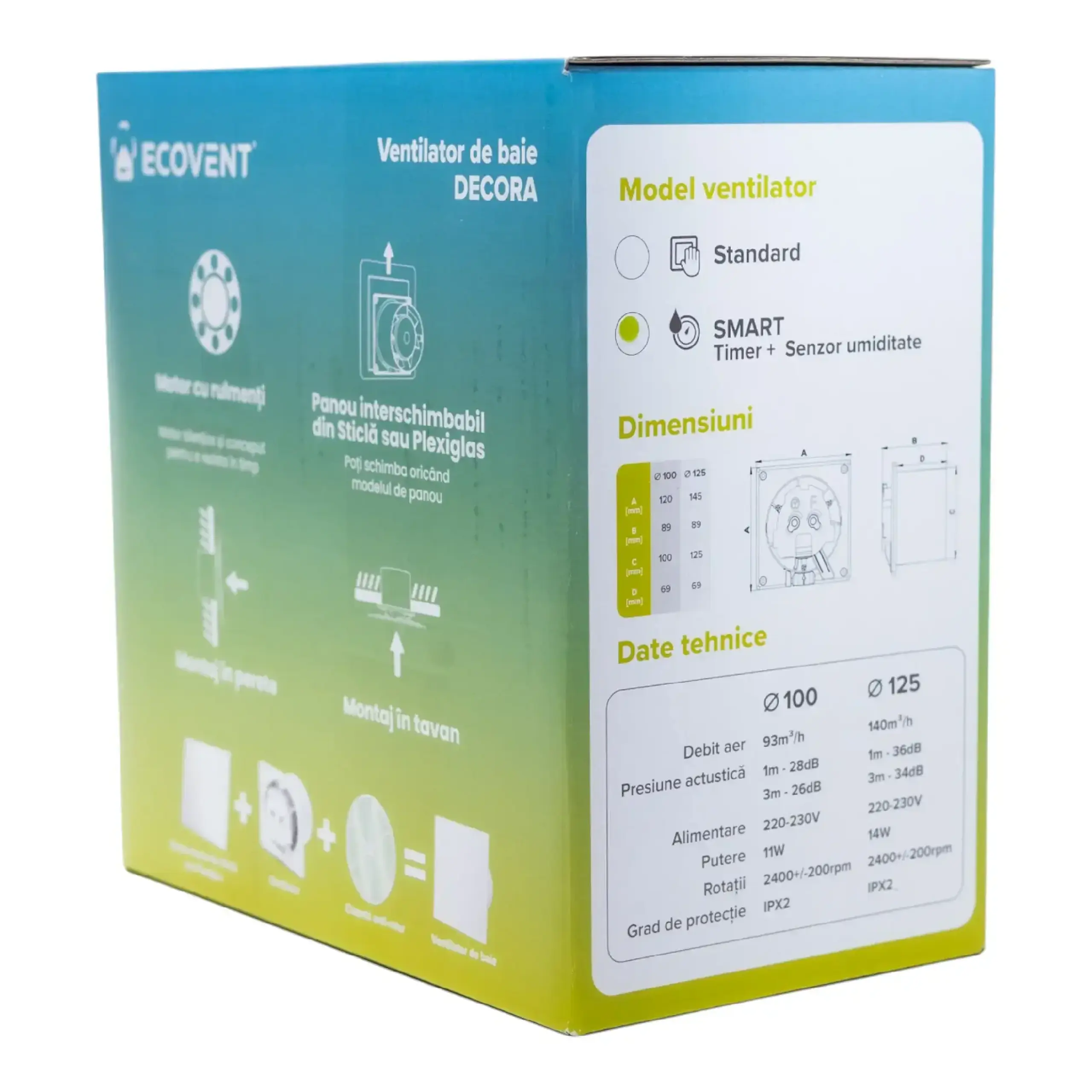 Ventilator de baie Ecovent DECORA SMART, Ø100, Debit 93 m³/h, Senzor Umiditate, Alb Mat