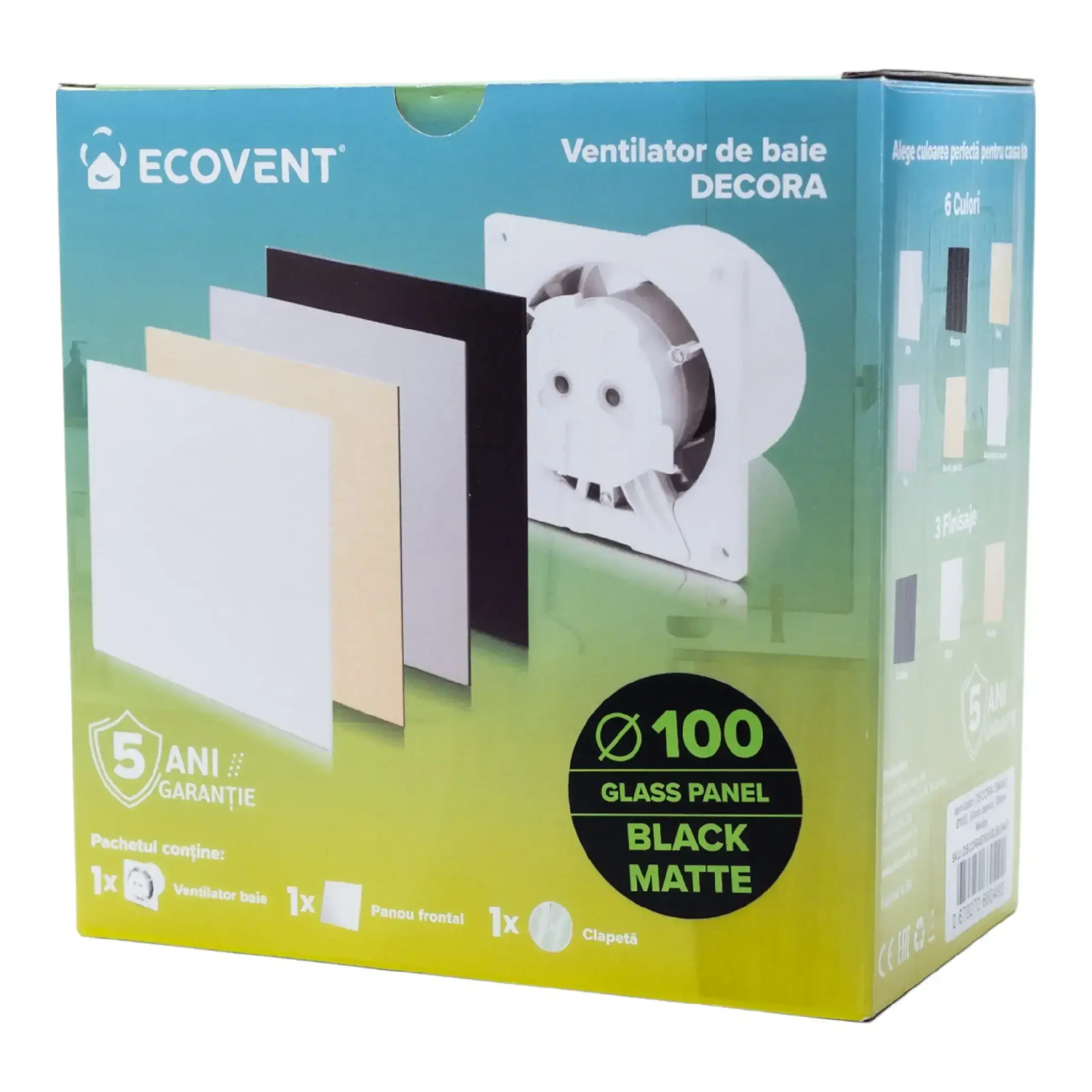 Ventilator de baie Ecovent DECORA SMART, Ø100, Debit 93 m³/h, Senzor Umiditate, Negru Mat