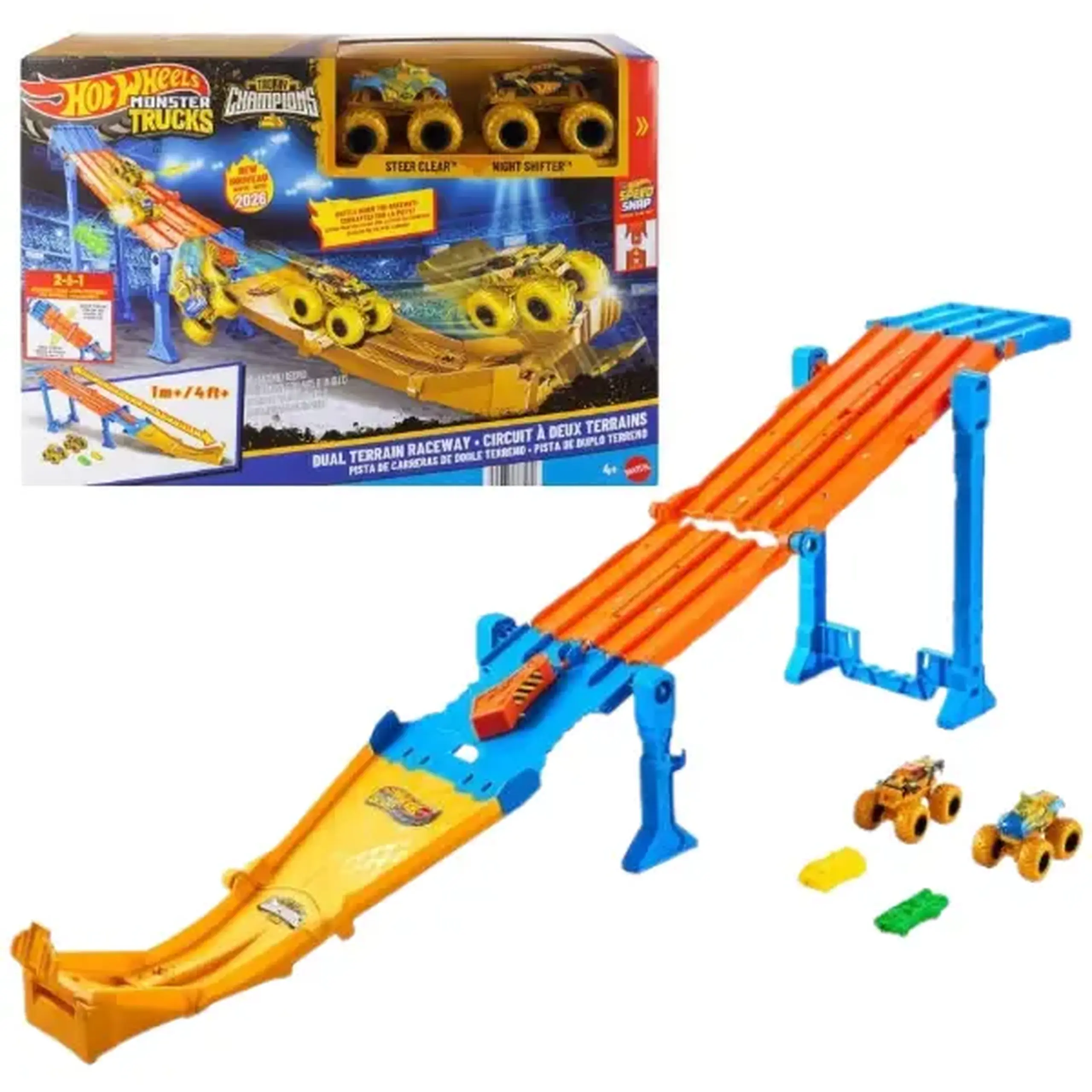 Pistă de curse 2 în 1 Hot Wheels Monster Trucks „Dual Terrain Raceway” cu 2 mașinuțe