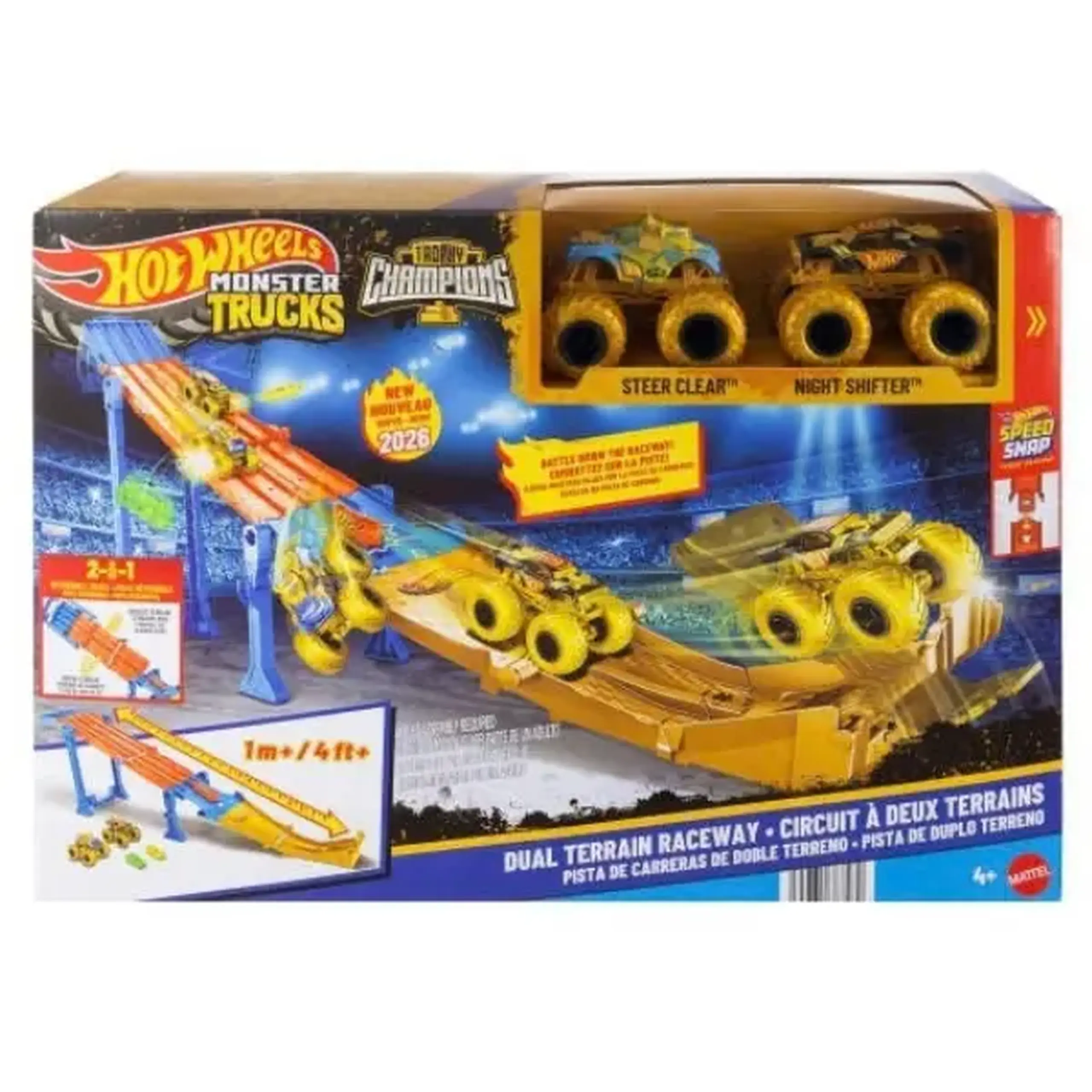 Pistă de curse 2 în 1 Hot Wheels Monster Trucks „Dual Terrain Raceway” cu 2 mașinuțe