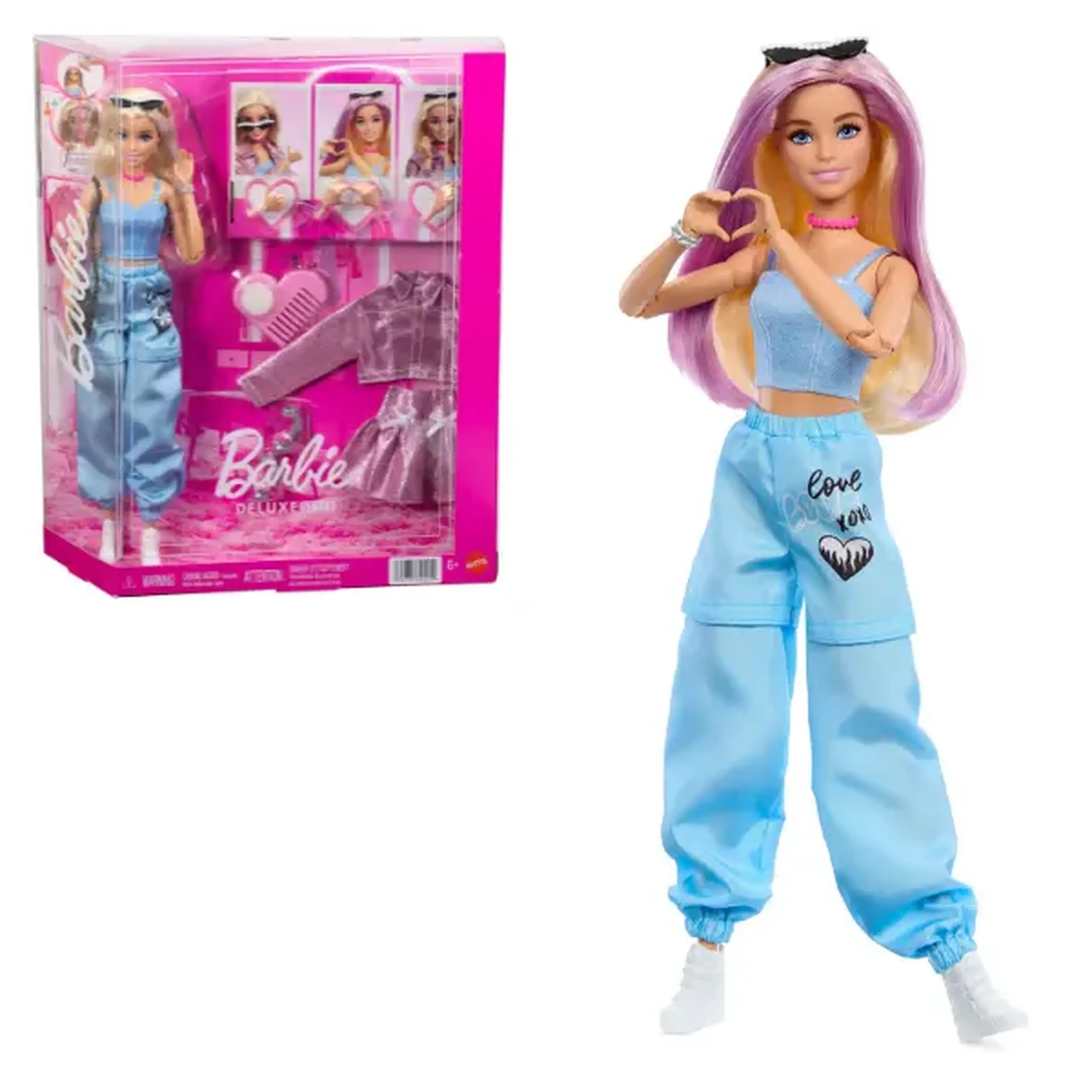 Păpușa Barbie cu 4 ținute, accesorii și păr cu schimbare de culoare