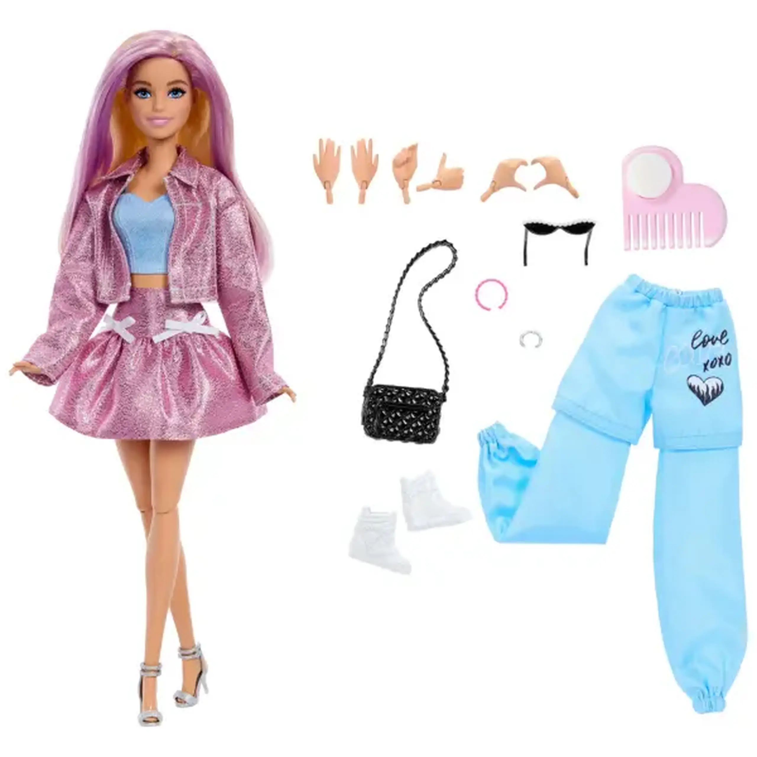 Păpușa Barbie cu 4 ținute, accesorii și păr cu schimbare de culoare
