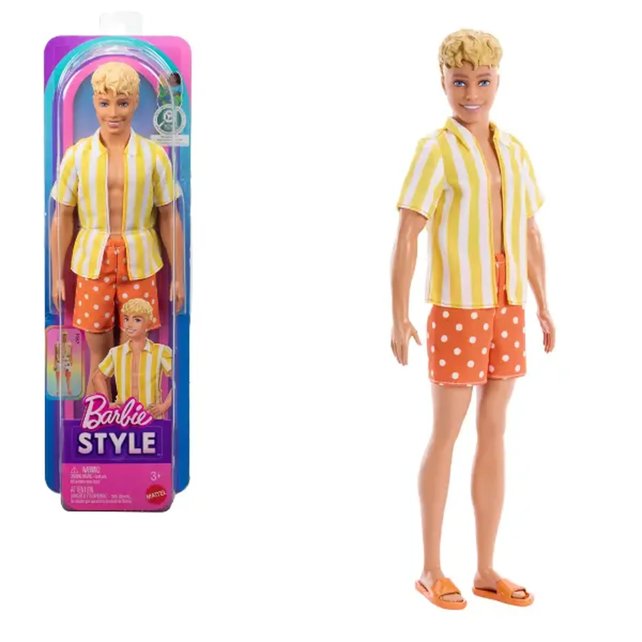 Păpușa Ken cu cămașă în dungi și pantaloni scurți