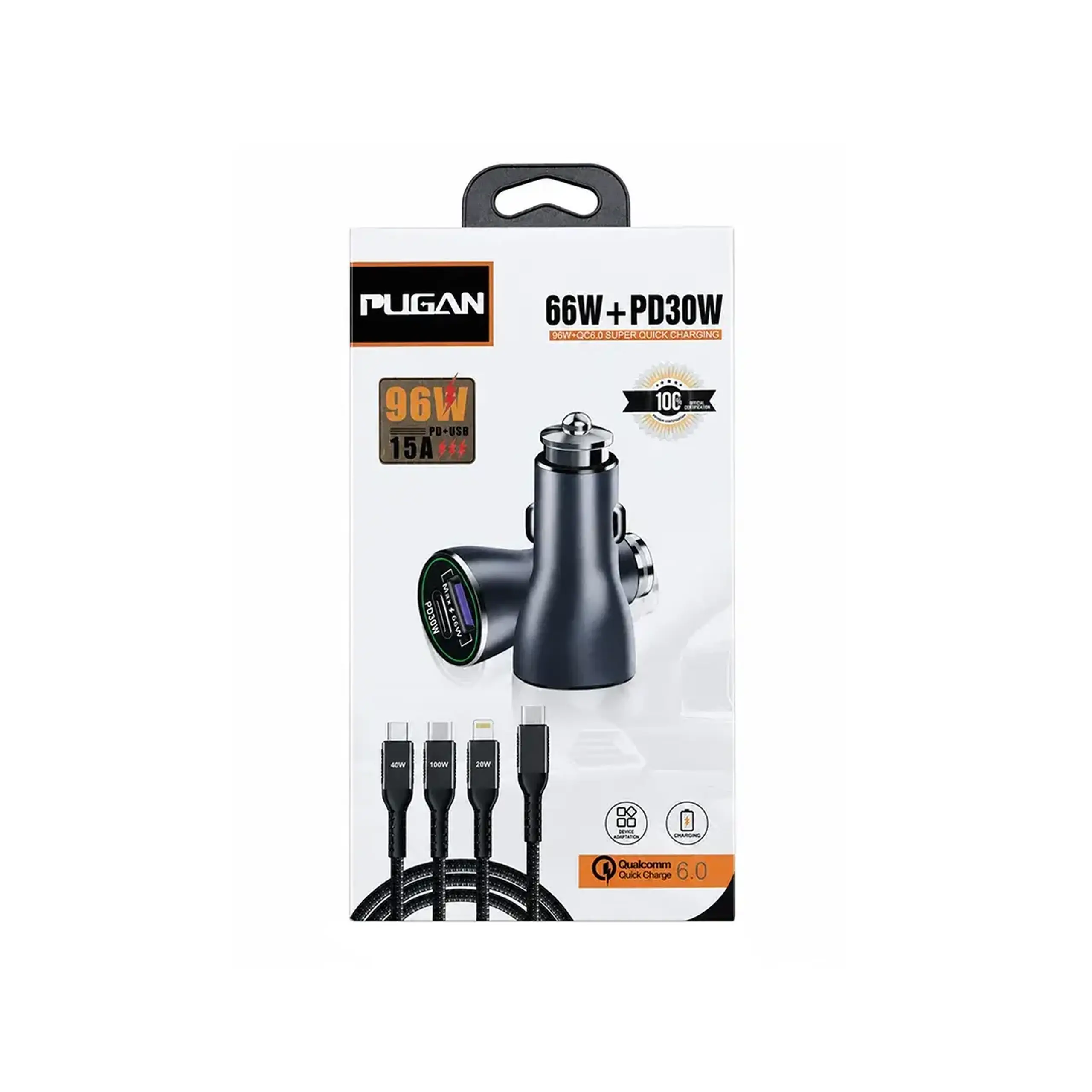 Cablu 3 în 1 + încărcător C91 12 - 24 V USB + Type C + Lightning 15 A Pugan