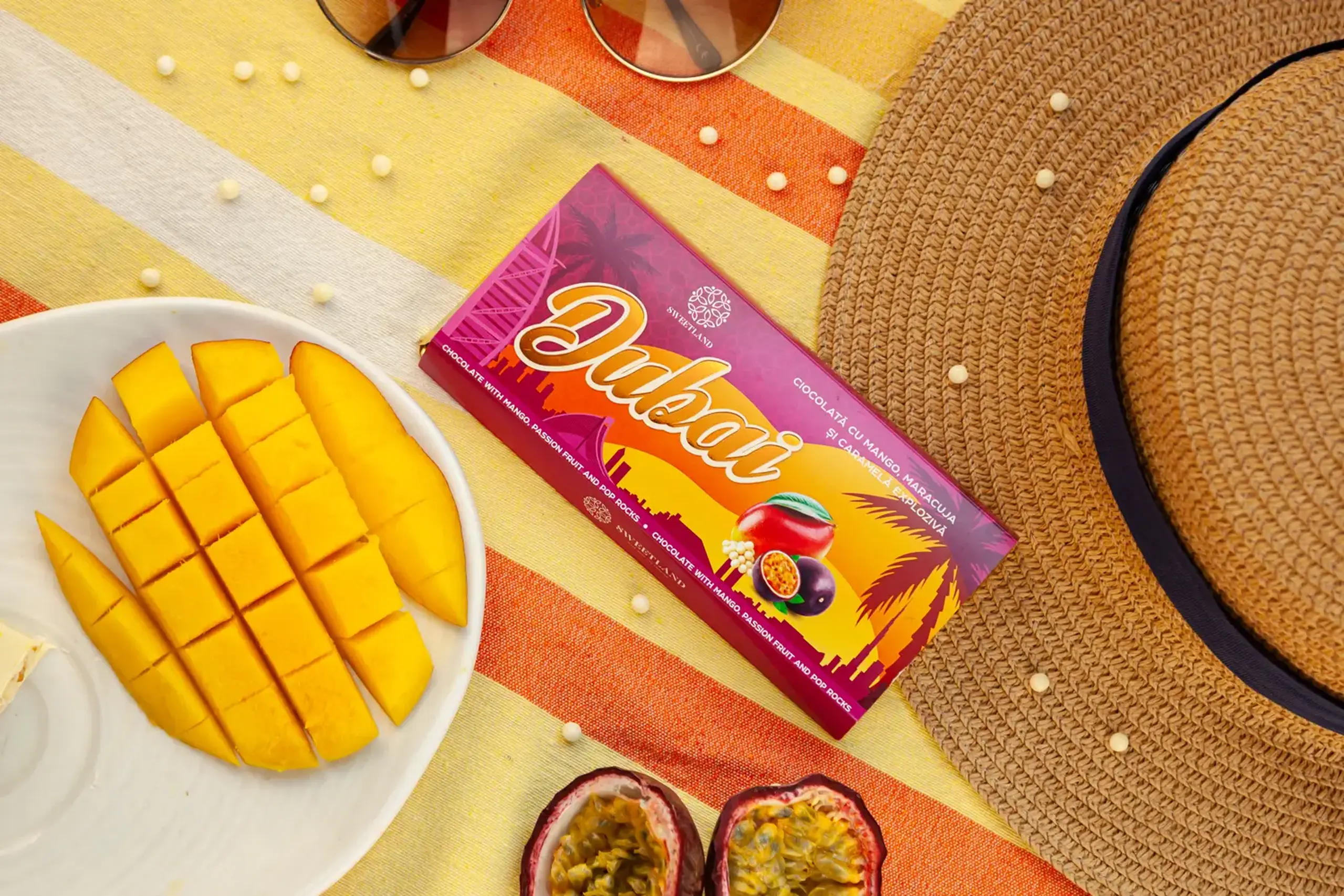 Ciocolată „Dubai” cu mango, maracuja și caramelă explozivă