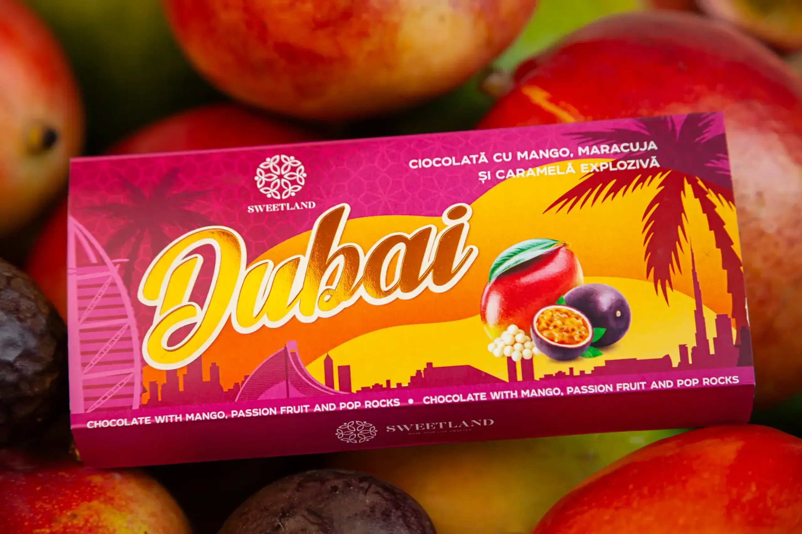 Ciocolată „Dubai” cu mango, maracuja și caramelă explozivă