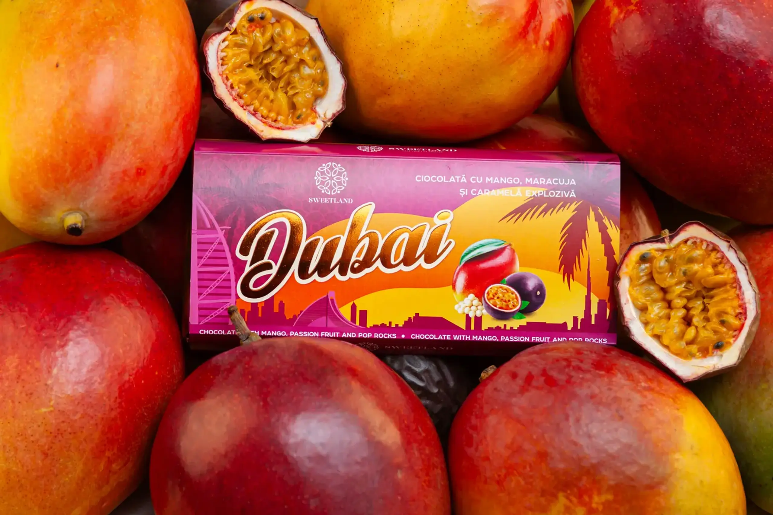 Ciocolată „Dubai” cu mango, maracuja și caramelă explozivă