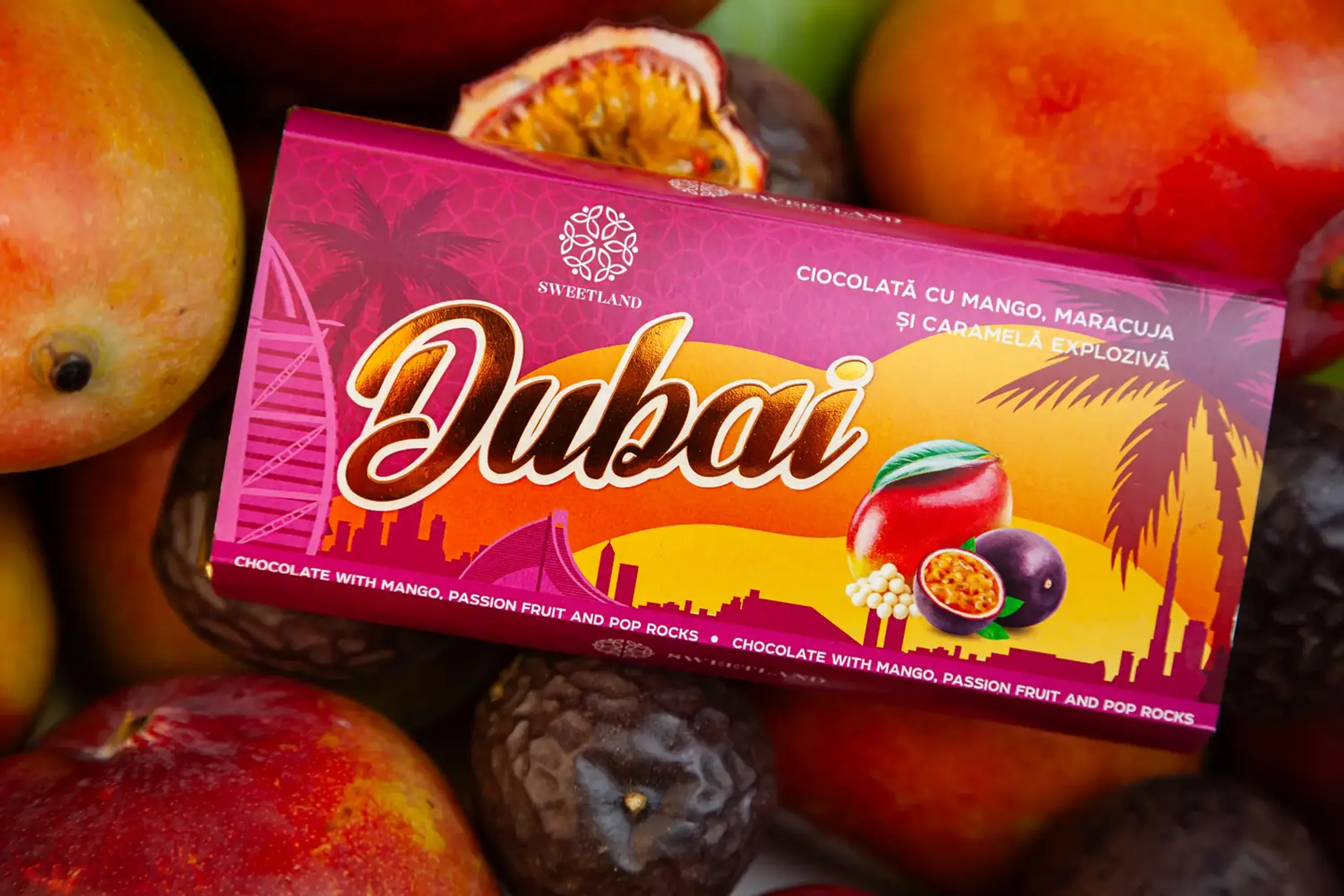 Ciocolată „Dubai” cu mango, maracuja și caramelă explozivă