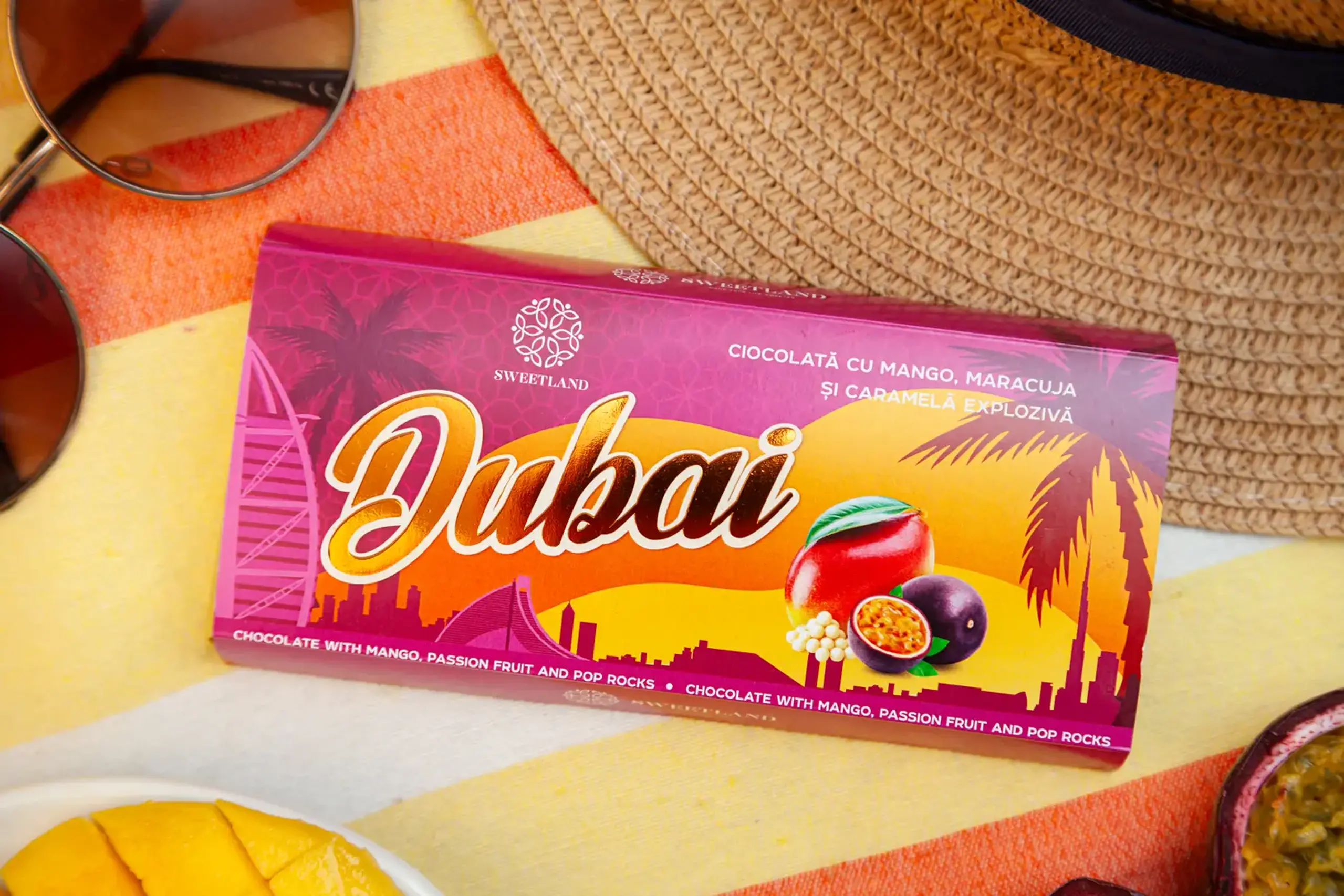 Ciocolată „Dubai” cu mango, maracuja și caramelă explozivă
