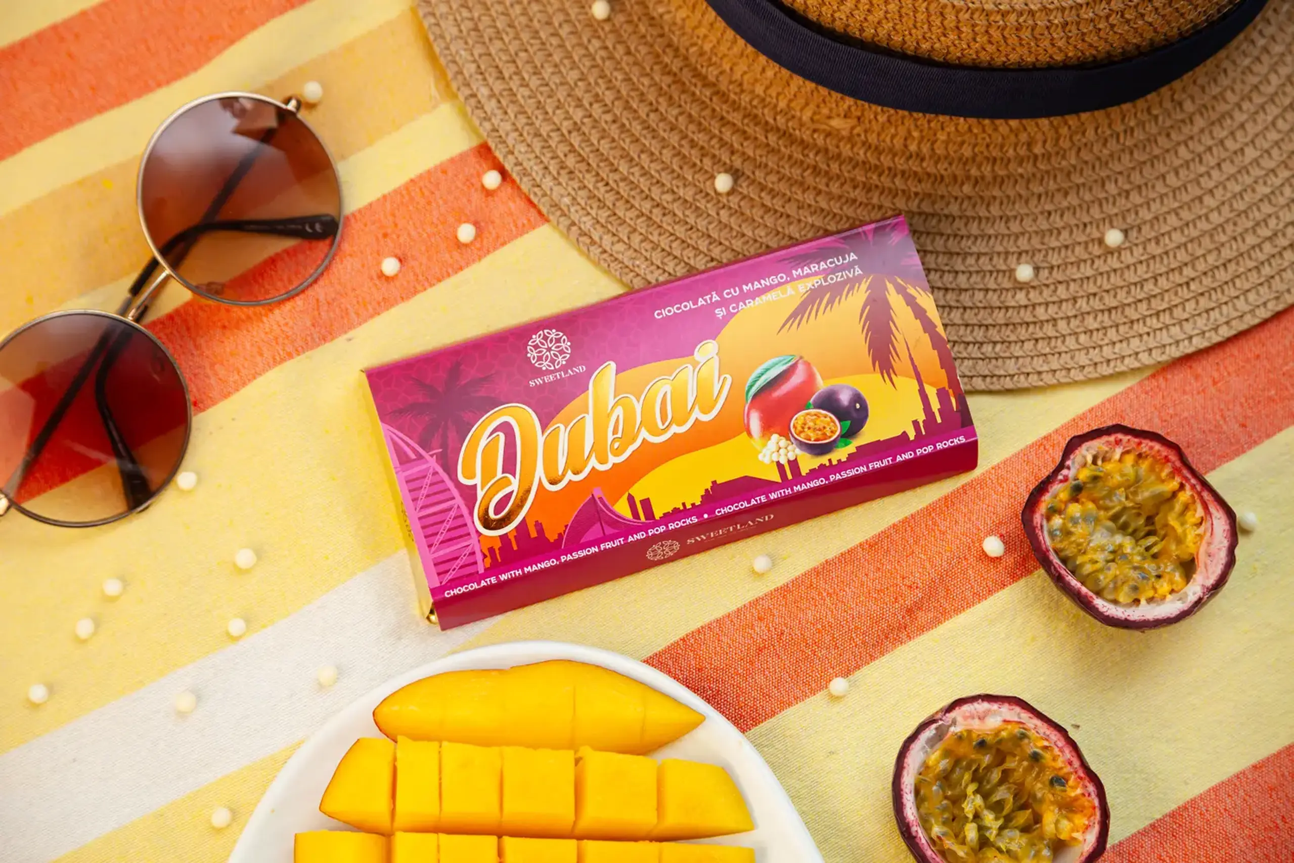 Ciocolată „Dubai” cu mango, maracuja și caramelă explozivă