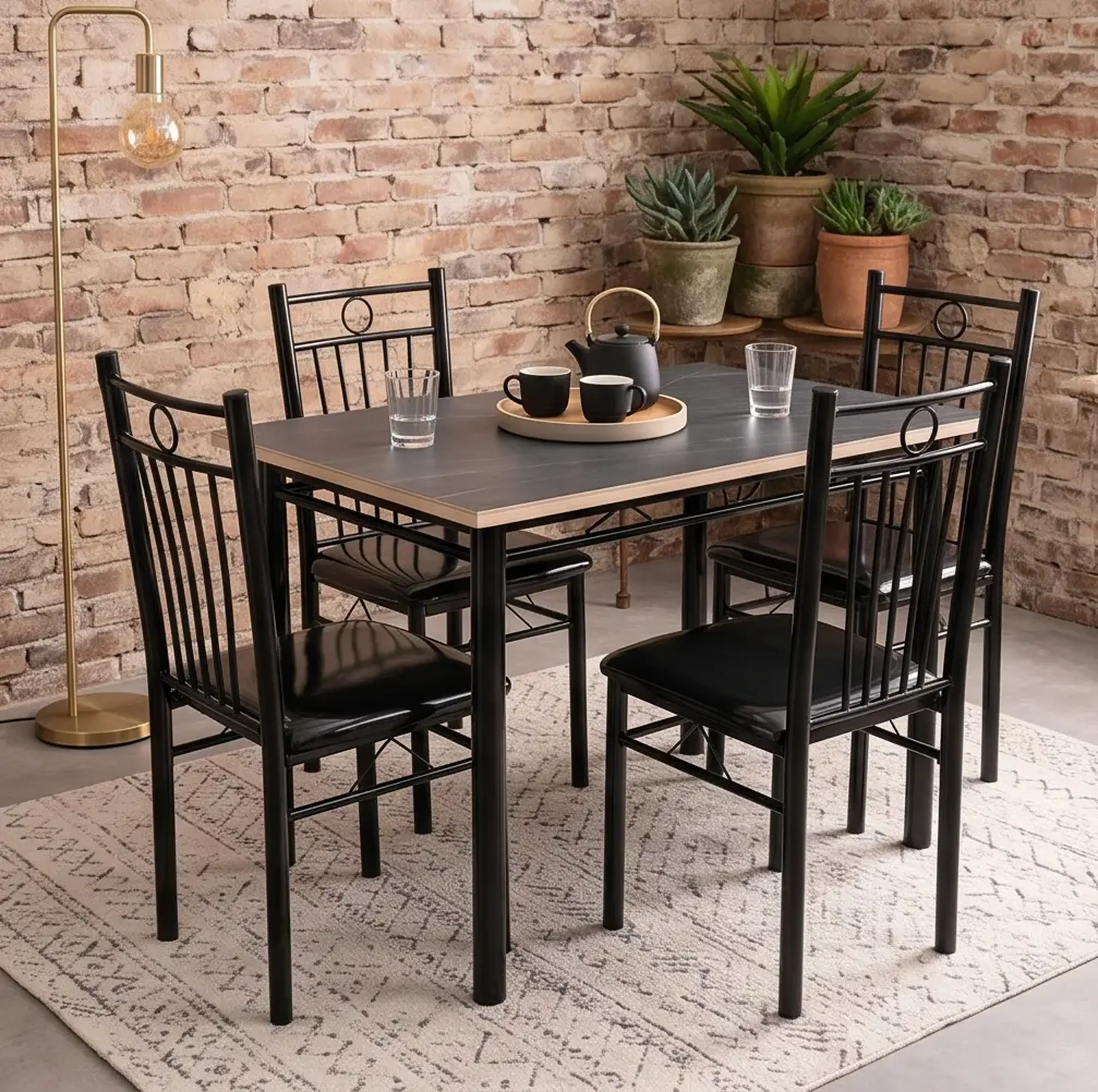 Set masă și 4 scaune FABBYGO A39-9, Piatră sinterizată și MDF, Marmură/Negru