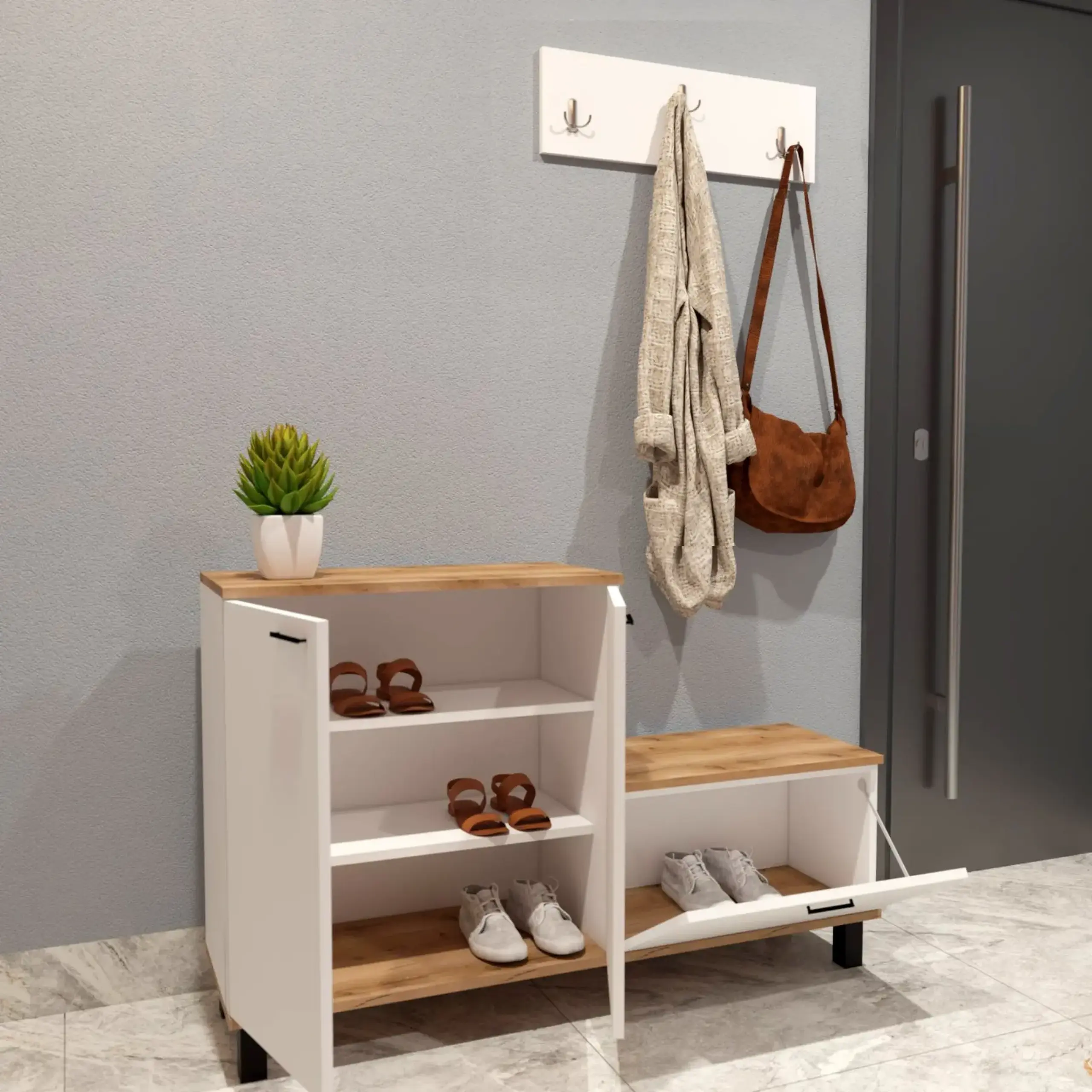 Set dulap pentru pantofi și cuier Veluxa Alb/Atlantic 75x120x32cm