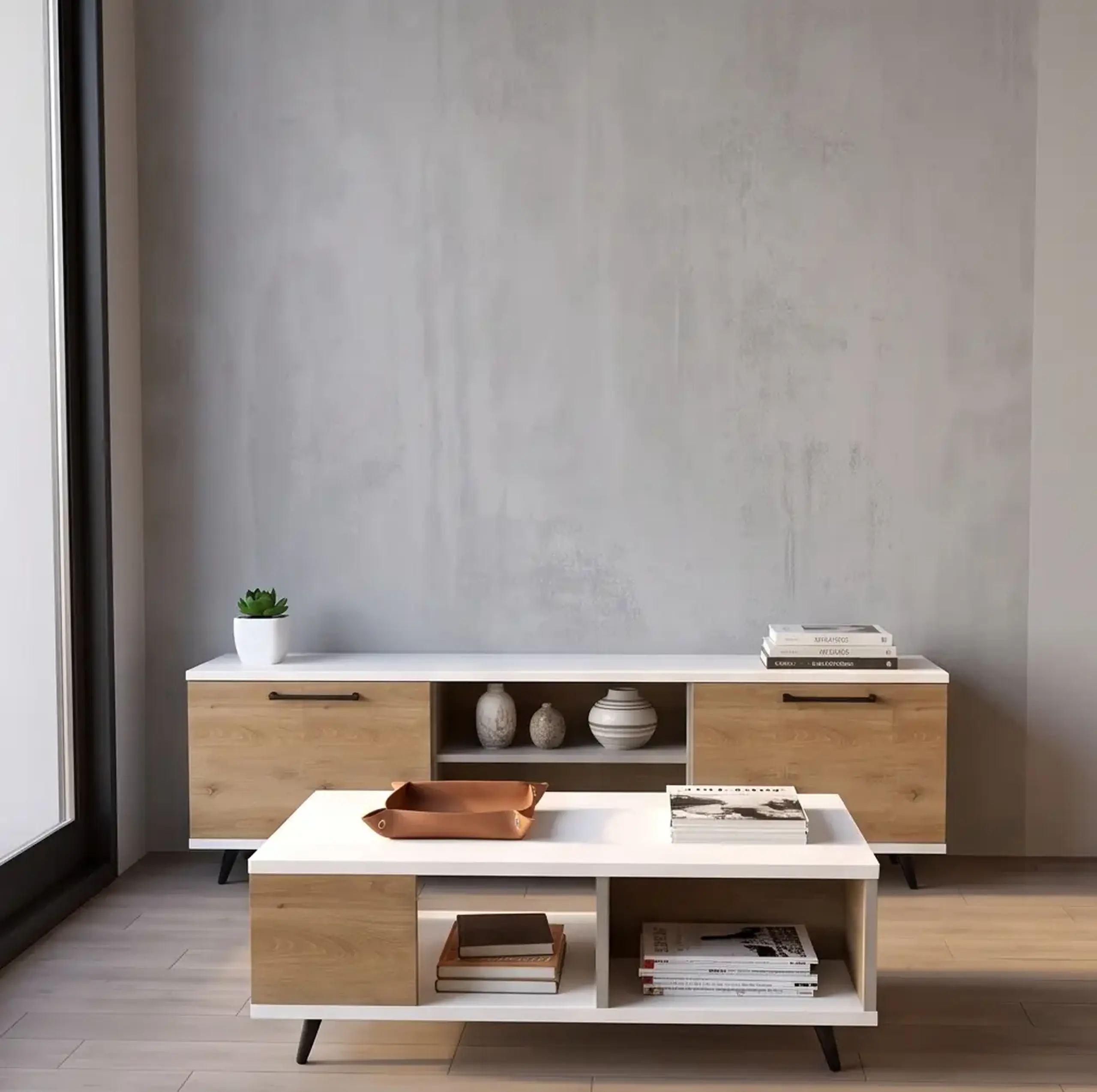 Set living: comodă TV + măsuță de cafea Vivienne Atlantic/Alb