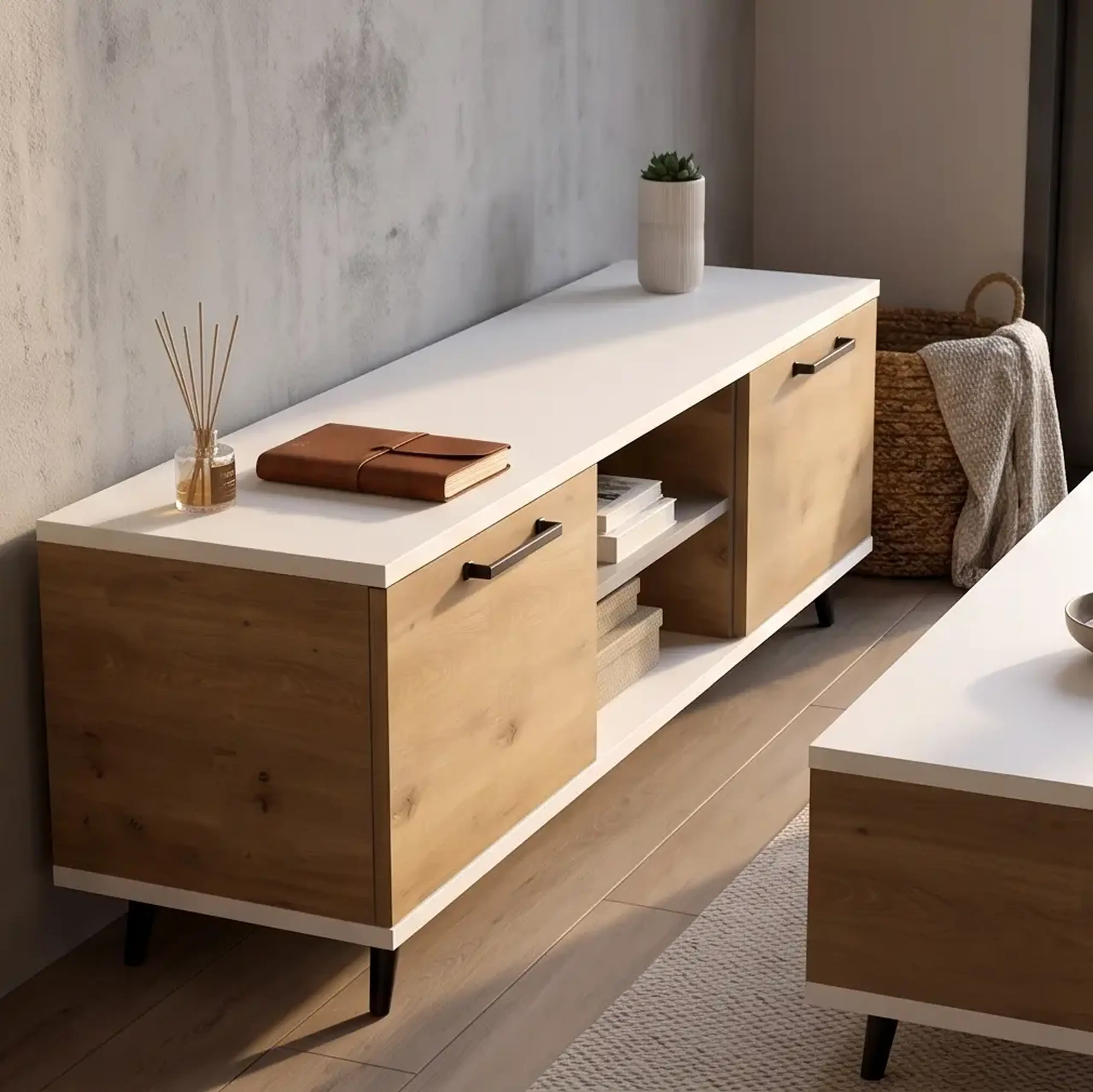 Set living: comodă TV + măsuță de cafea Vivienne Atlantic/Alb