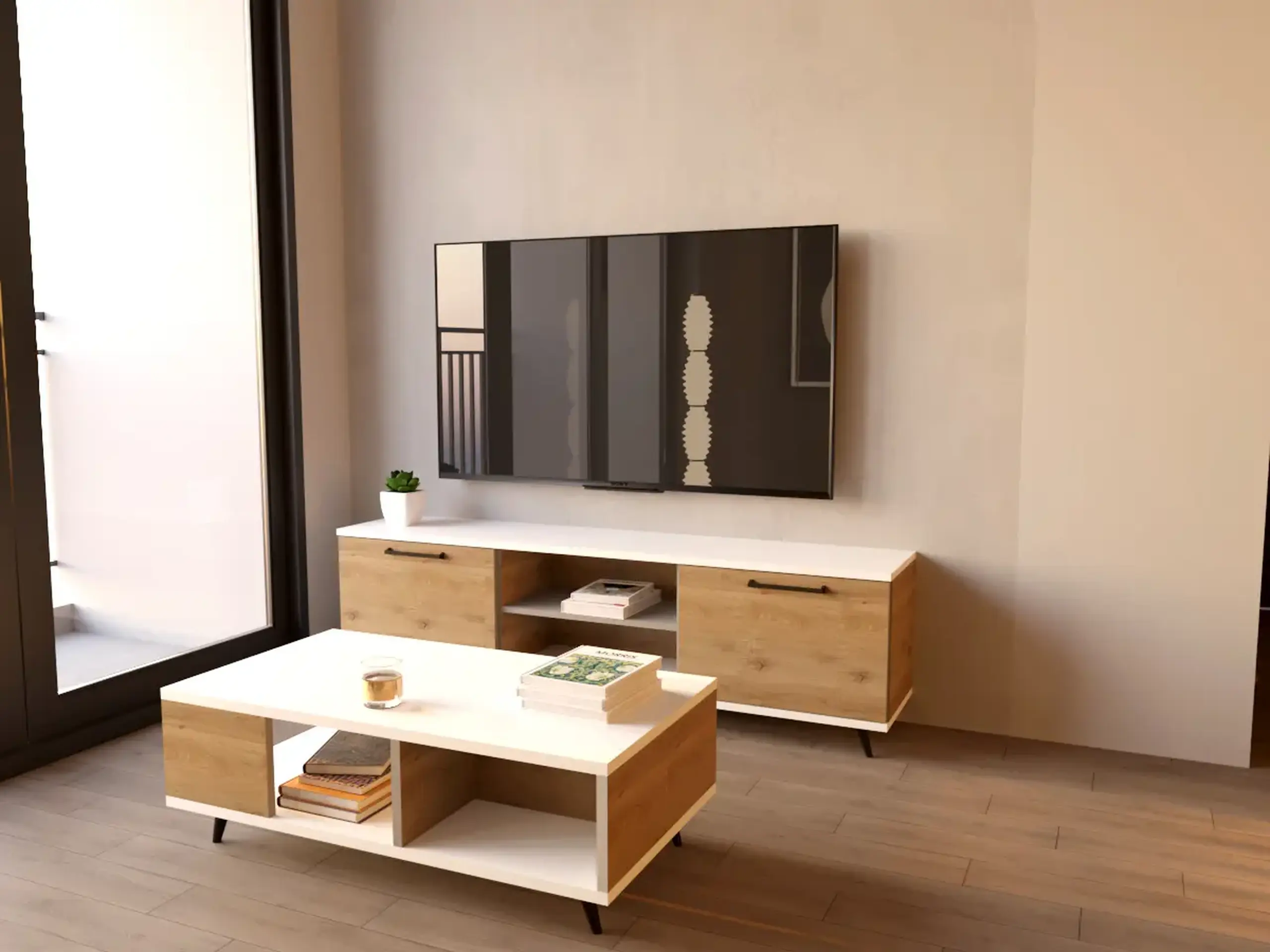 Set living: comodă TV + măsuță de cafea Vivienne Atlantic/Alb