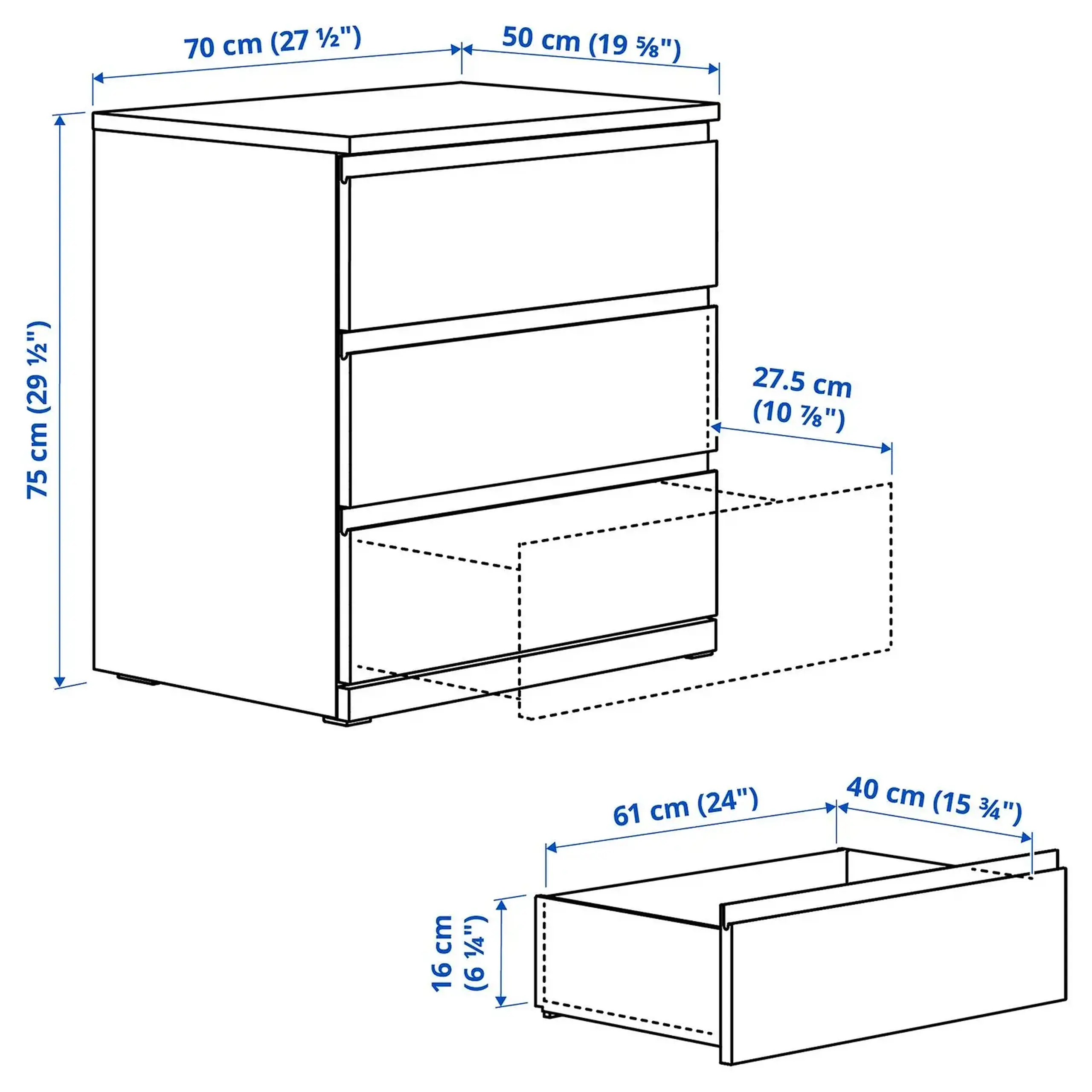 STORKLINTA comoda 3 sertare, alb, 70x50x75 cm