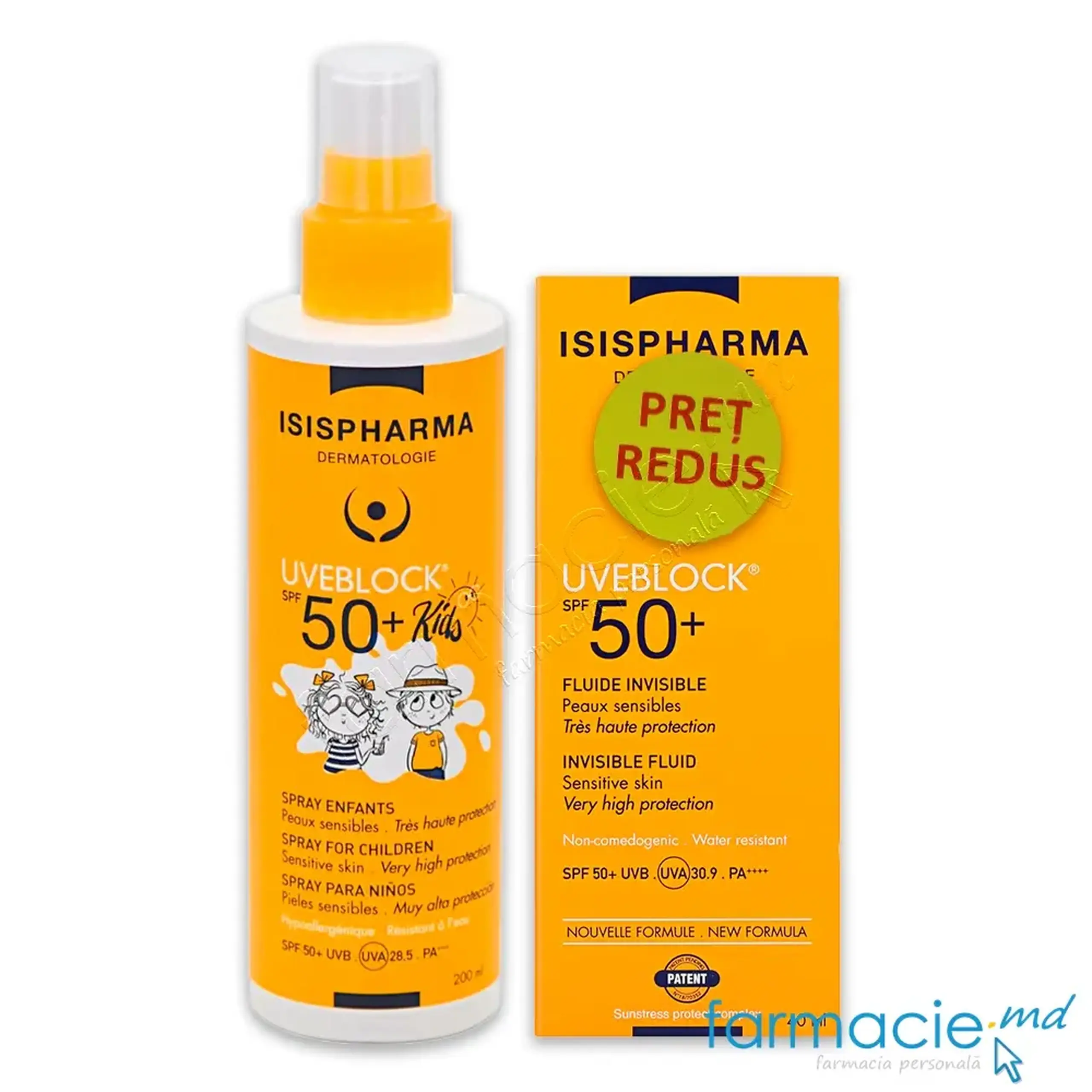 Uveblock spray protectie solara copii SPF 50+ 200ml+Uveblock SPF50 Invisible 40ml PRET REDUS