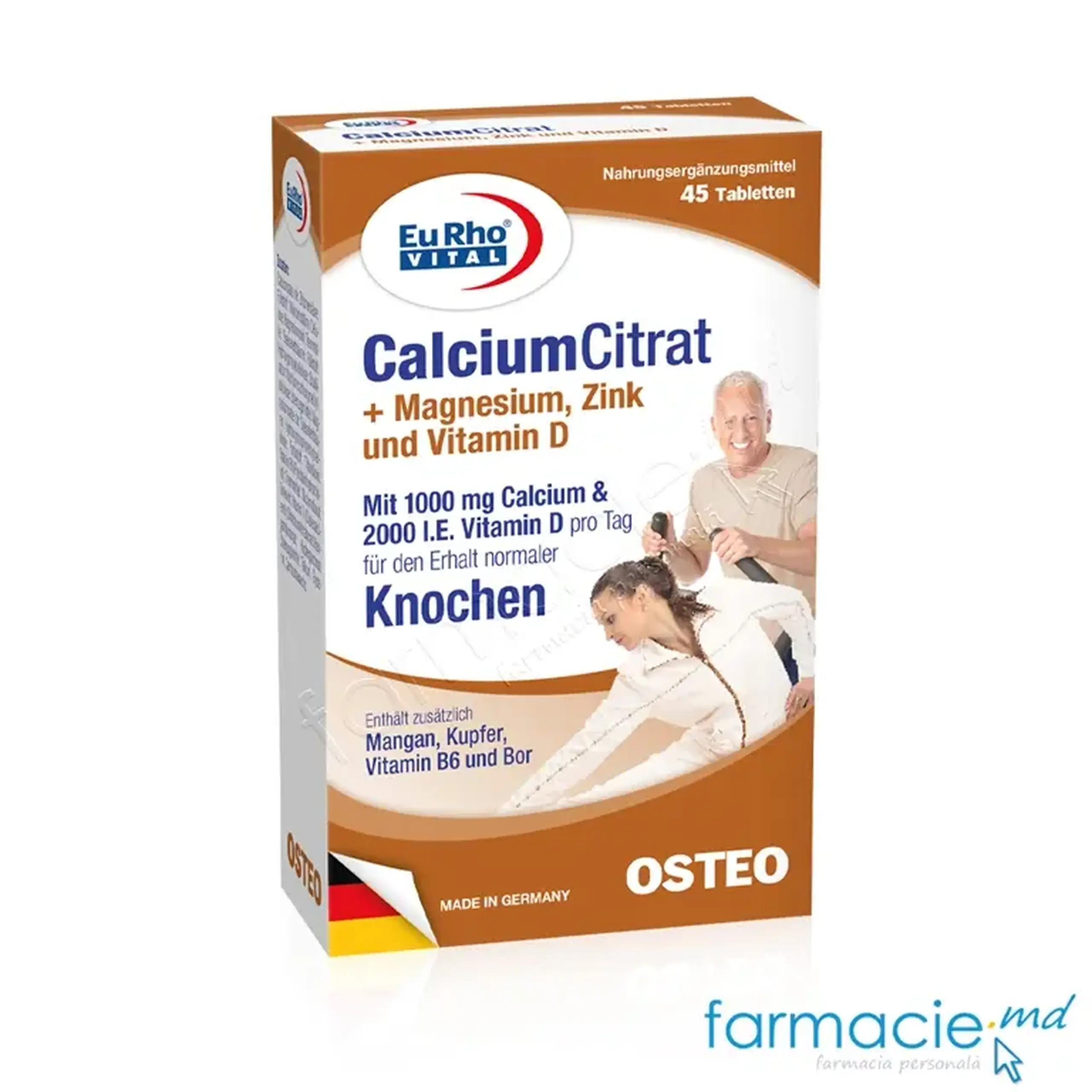 Calciu Citrat 1000mg+Vit D 2000 UI+Magneziu+Zinc comp. N45 EuRho Vital