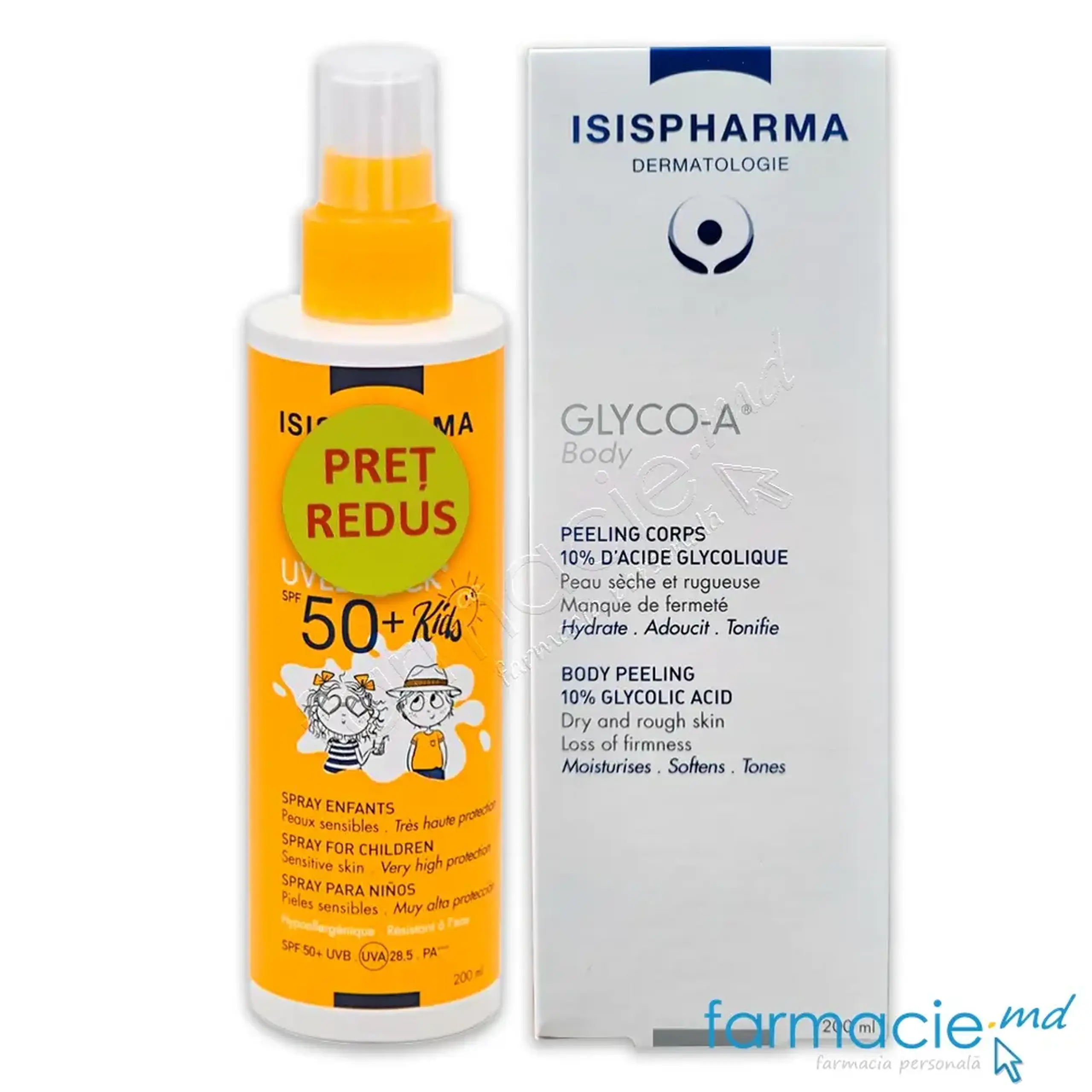 Glyco-A Body Peeling 10% 200ml+Uveblock spray protectie solara copii SPF 50+ 200ml PRET REDUS
