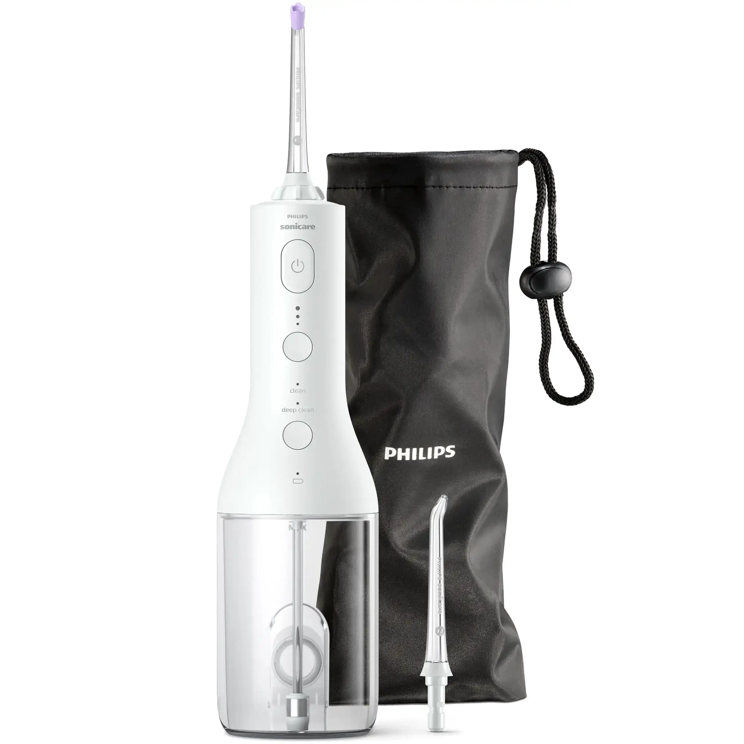 Aparat de curatare interdentara Philips Sonicare Power Flosser HX3826/31, tehnologie QuadStream, 2 capete de curatare, 2 moduri de curatare, 3 niveluri de intensitate, husa, Alb