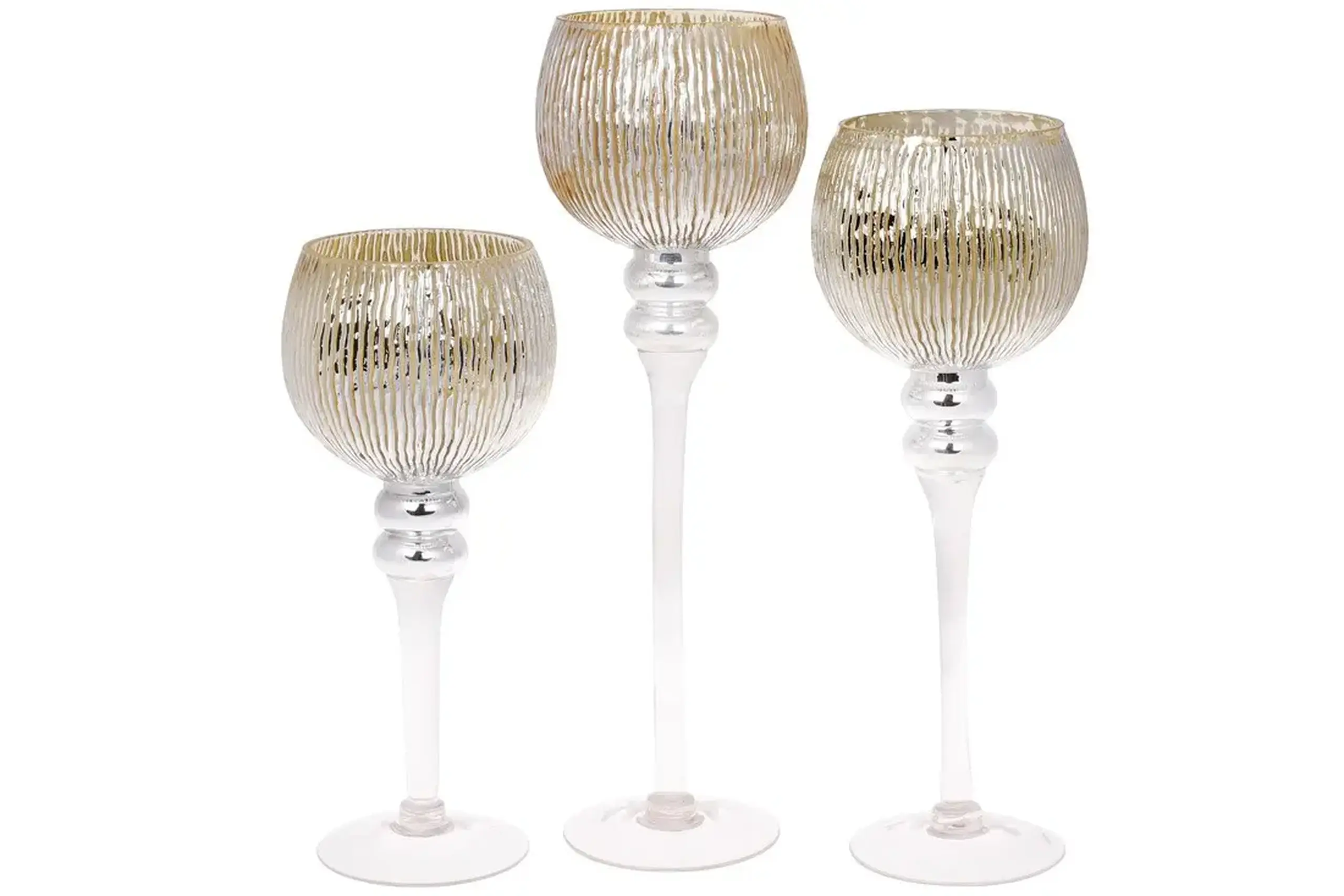 Set din 3 suporturi pentru lumânări din sticlă, Champagne