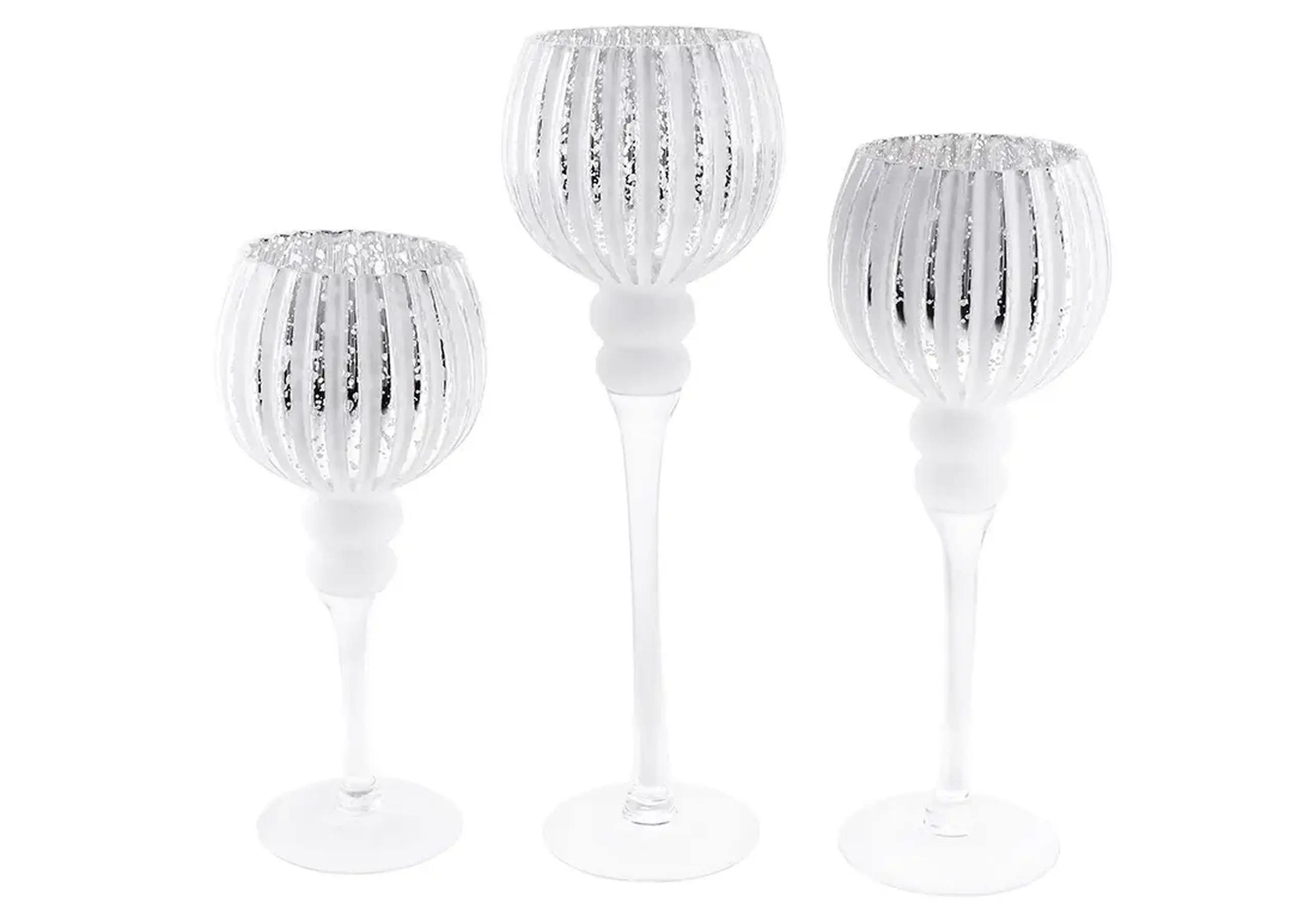 Set din 3 suporturi pentru lumânări din sticlă, White&Silver