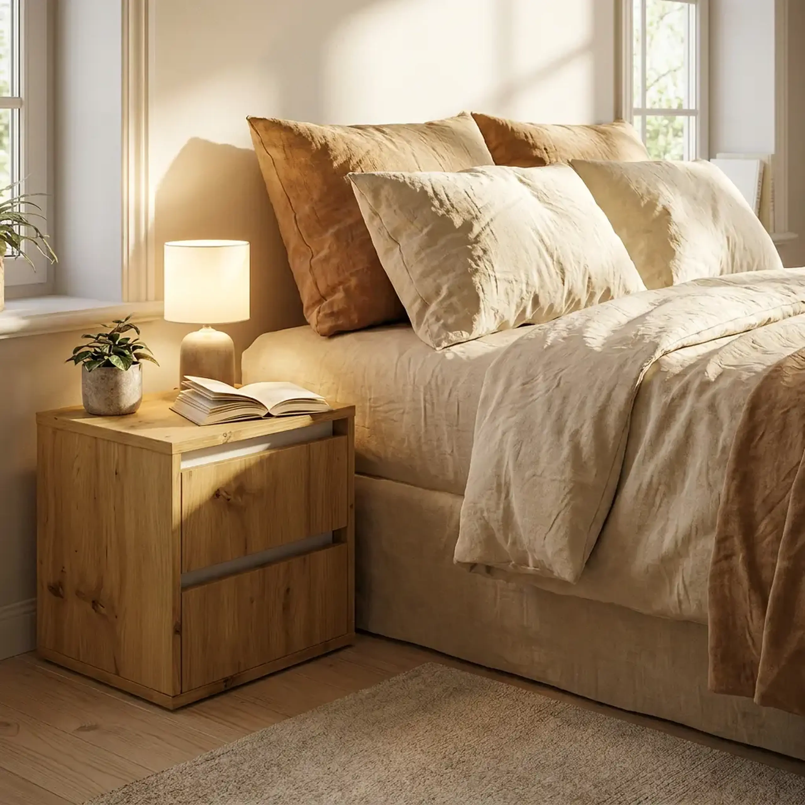 Noptiera 4home Ideea, 40x40x35 cm, 2 sertare, Stejar Artizanal/Nimfea Alba