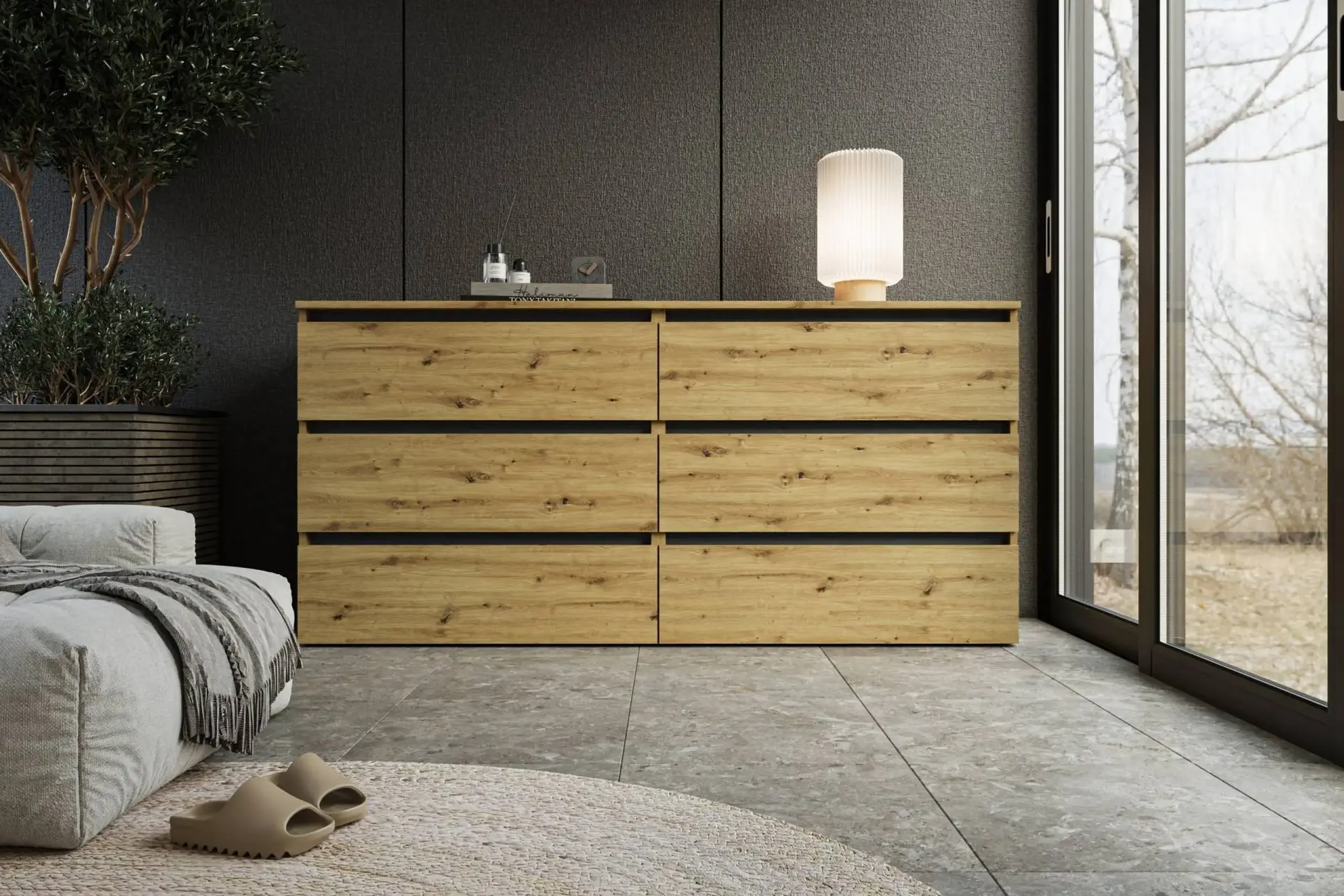 Comoda 4home Ideea K, 76x160x42 cm, 6 sertare, Stejar Artizanal/Nimfea Alba