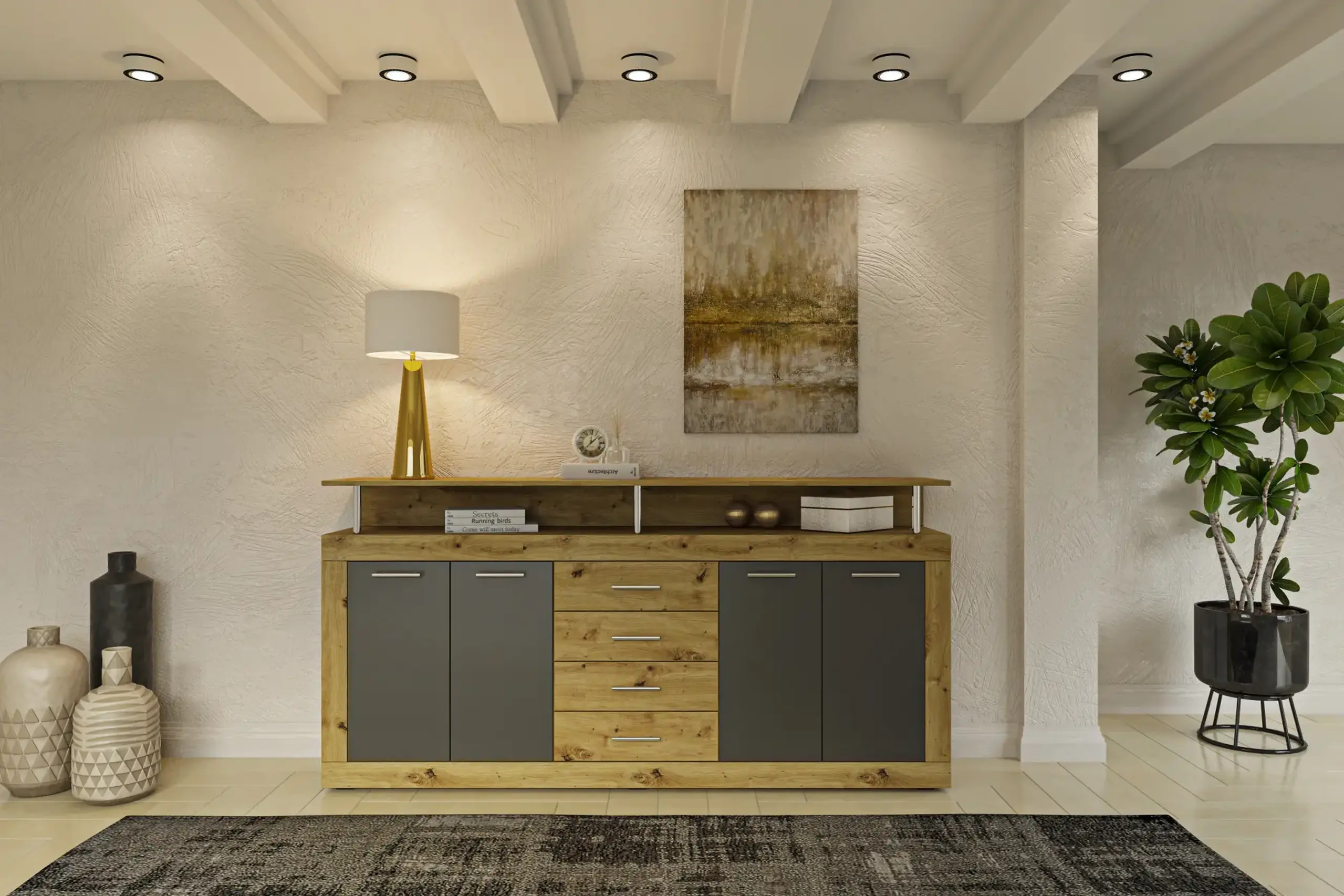 Comoda 4home Praga, 195x97x37 cm, Stejar Sonoma/Nimfea Alba