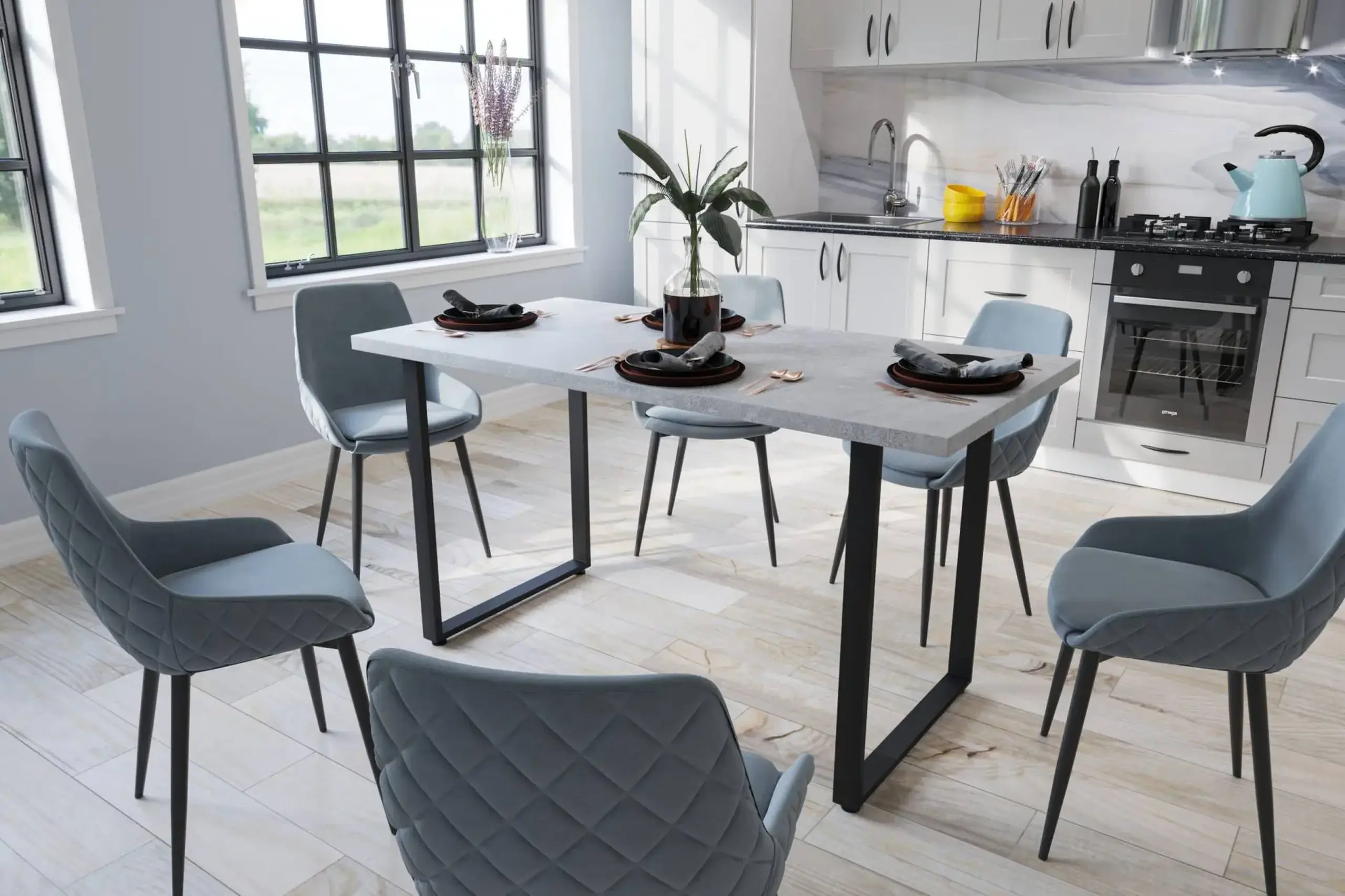 Masa de dining 4home Seattle, picioare metalice, Stejar Kraft Alb, 100x60 cm