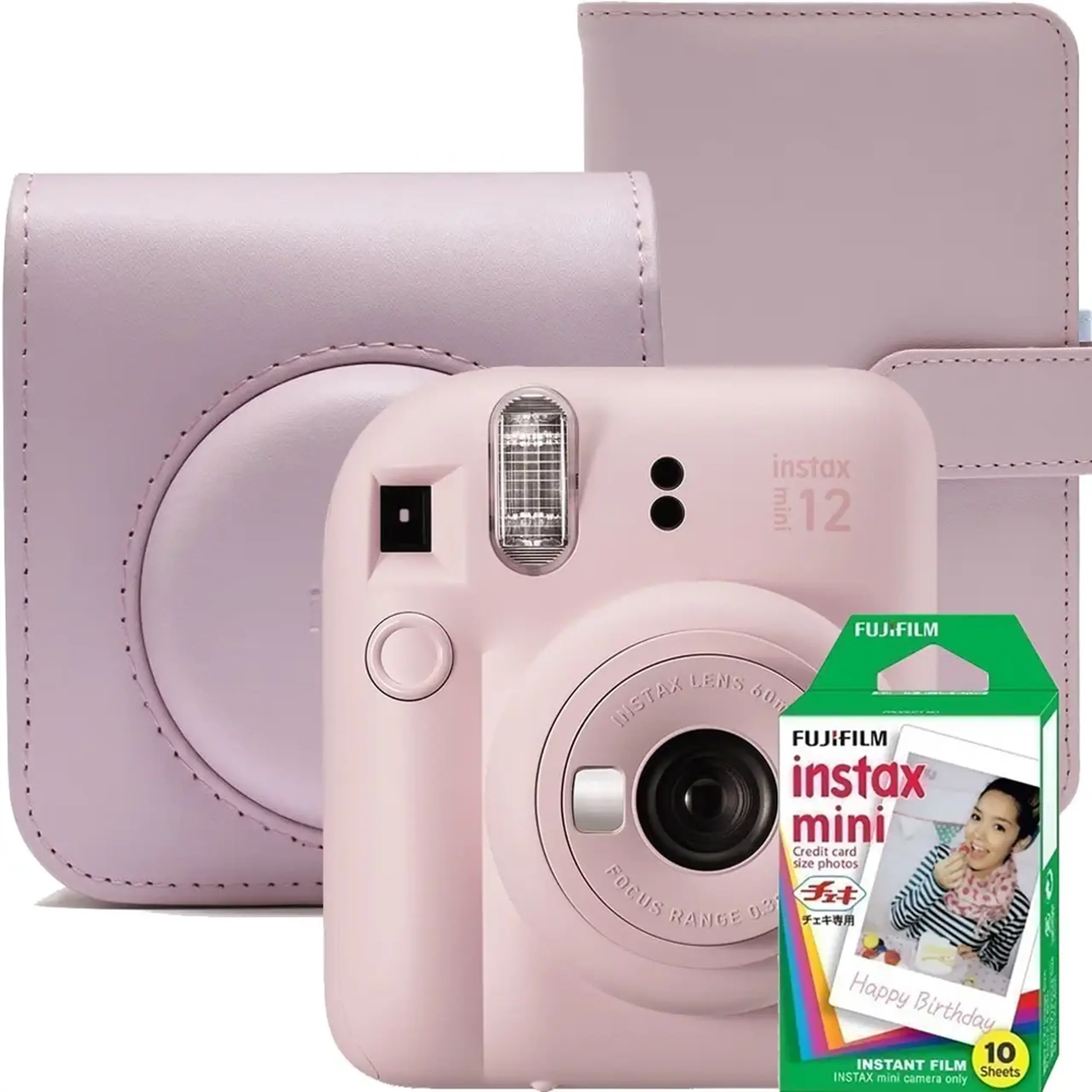 Set aparat foto instant Fujifilm Instax mini 12, Blossom Pink cu husa, album foto si film 1x10