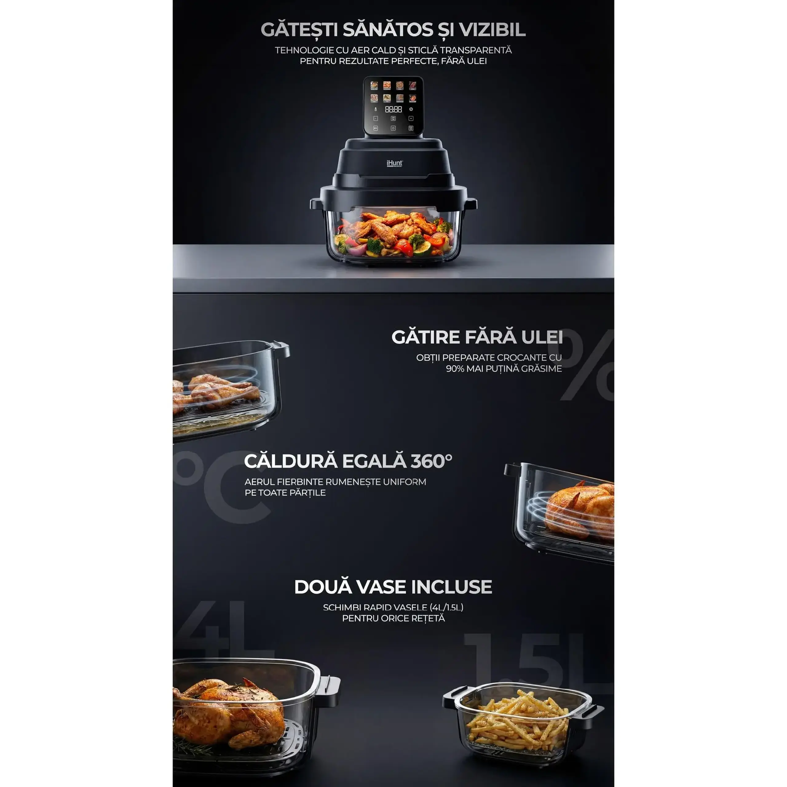 Friteuza cu aer cald fara ulei iHunt PureGlass Crisp 8 in 1, Sistem din Sticla Borosilicata, 1500W, 2 Vase Modulare 4L + 1.5L cu Capace de Sigilare, Vedere si Circulatie 360° a Aerului Cald, Compact, Compatibil cu Masina Spalat Vase, Black